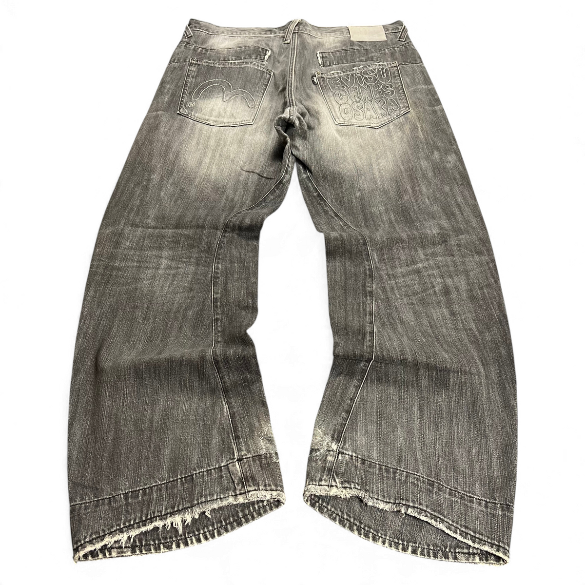 TWC Vintage Evisu KC Baggy Jeans in verwaschenem Schwarz mit ikonischem Logo-Stitching auf den Gesäßtaschen