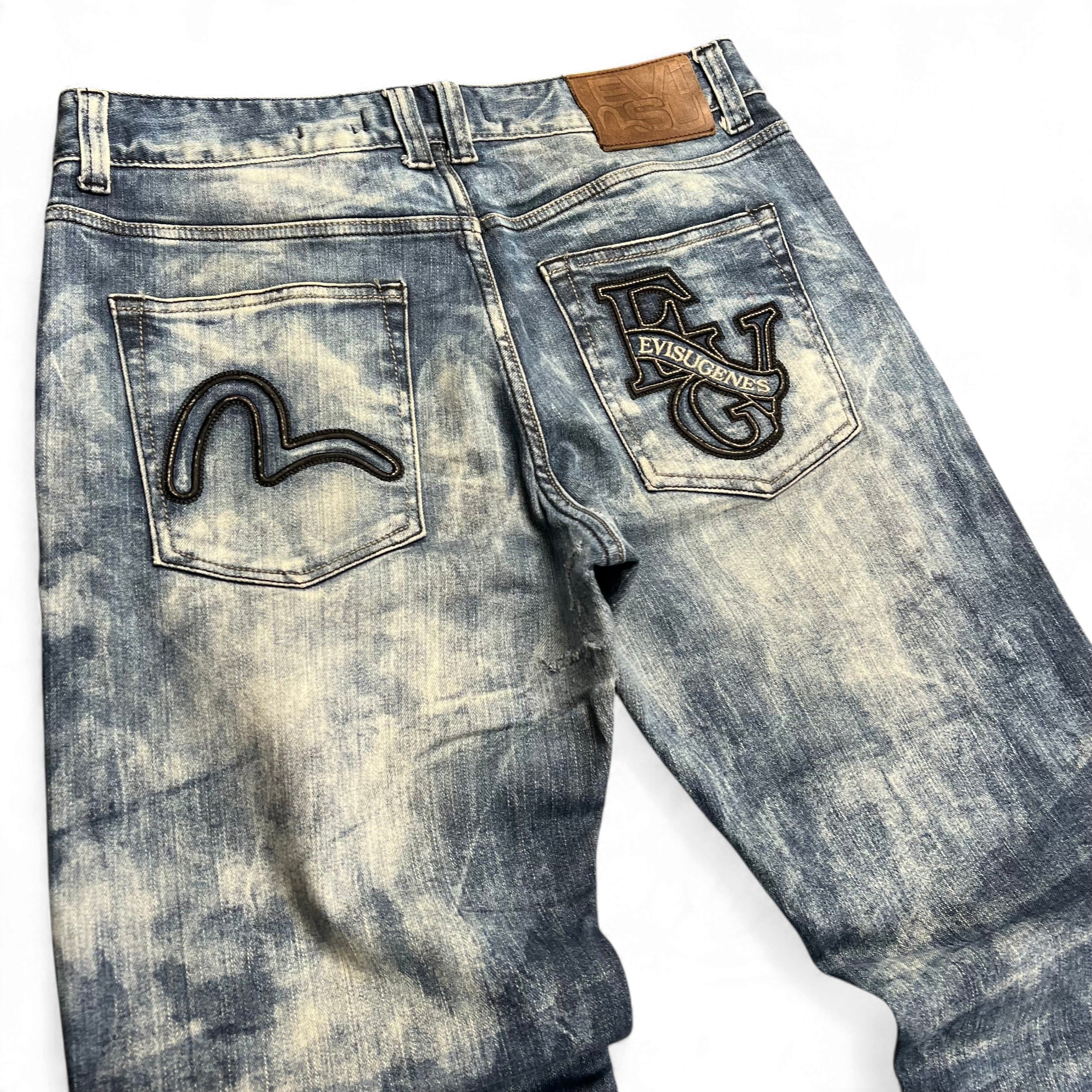 TWC Vintage Evisu KC Straight Jeans in verwaschenem Blau mit markanten Stickereien auf den Gesäßtaschen
