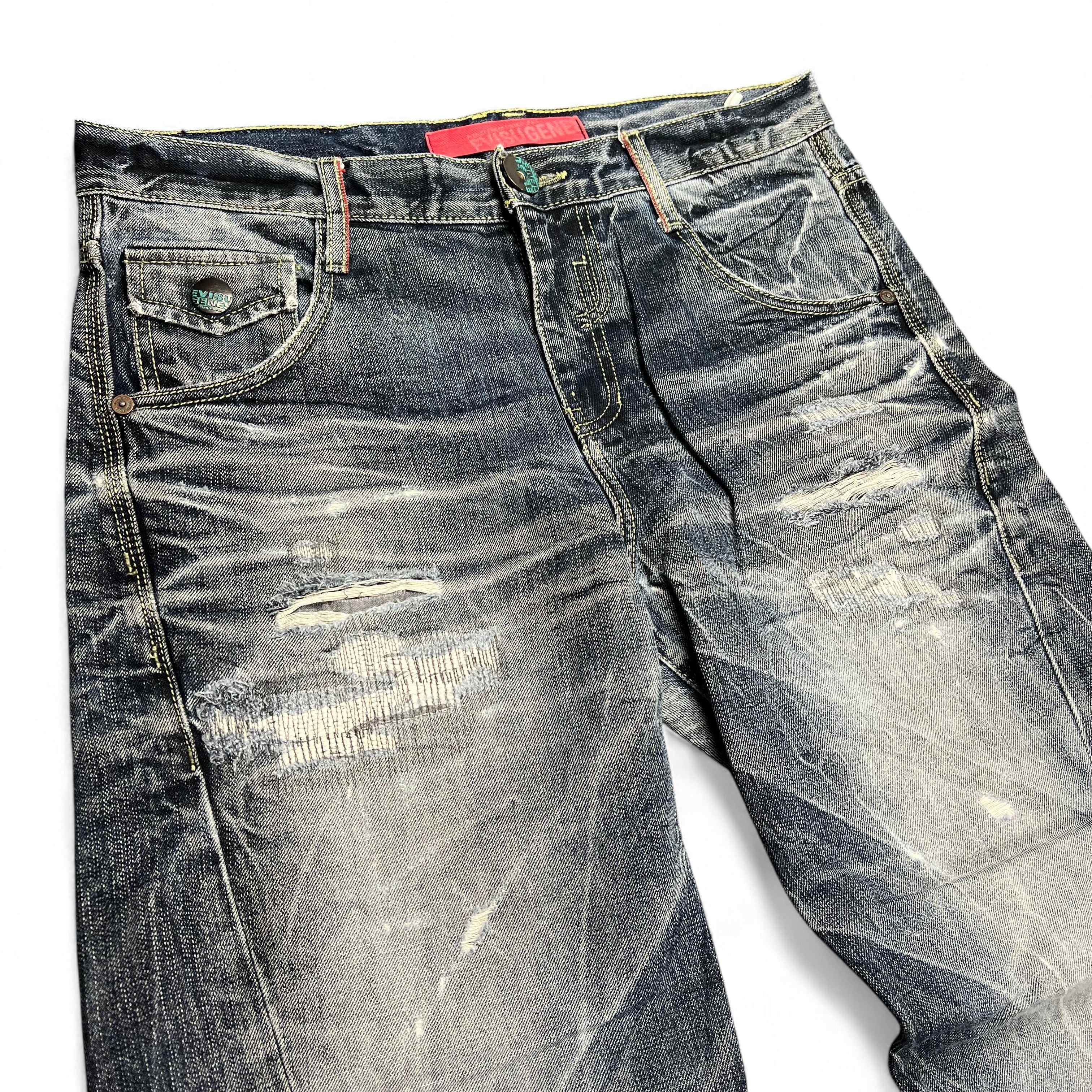 TWC Vintage Evisu KC Baggy Jeans in verwaschenem Blau mit Distressed-Details und Rissen im Vintage-Stil