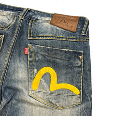TWC Vintage Evisu KC Straight Jeans in blauem Denim mit ikonischem gelbem Seagull-Logo auf der Gesäßtasche
