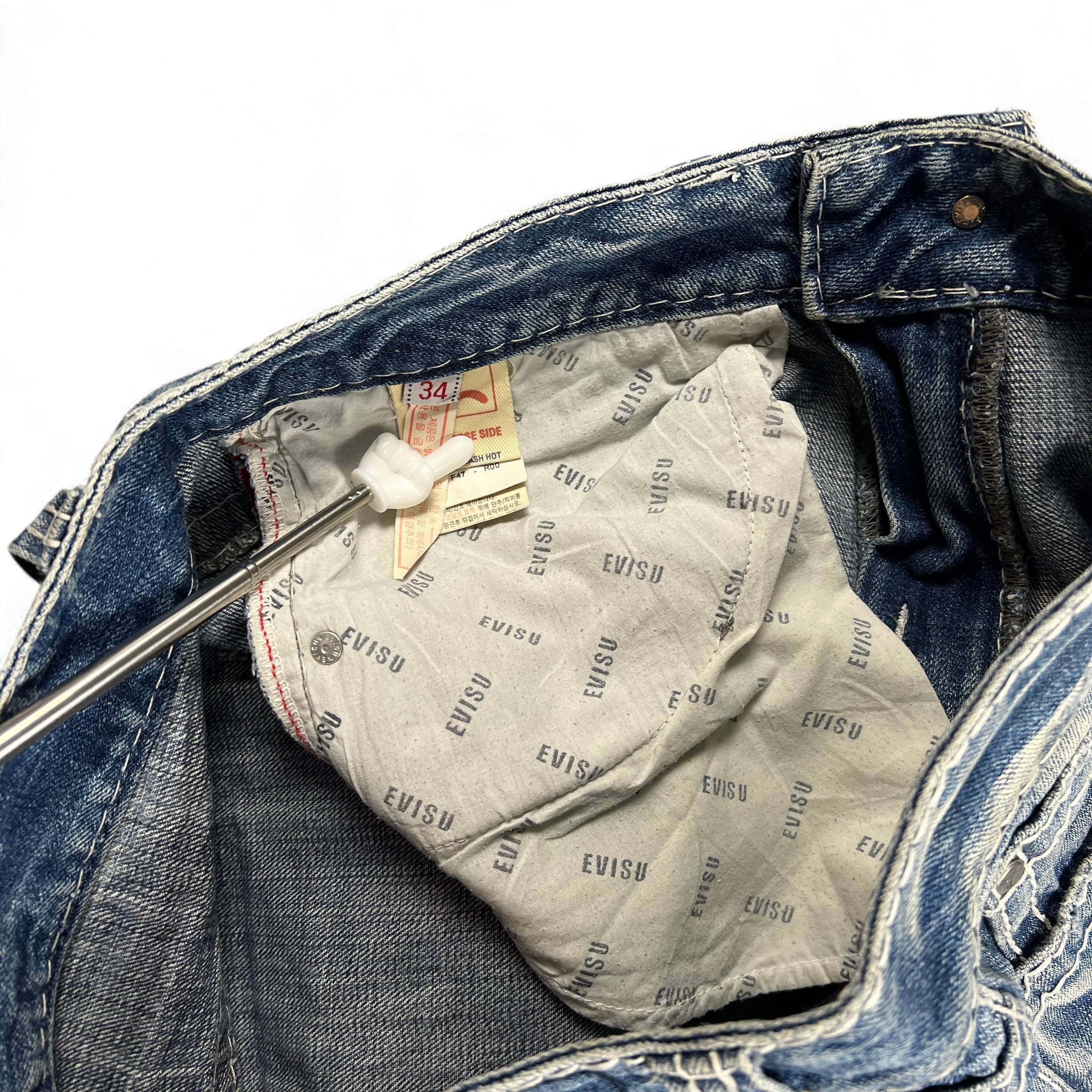 TWC Vintage Evisu KC Straight Jeans mit blauem Denim und bedrucktem Innenfutter