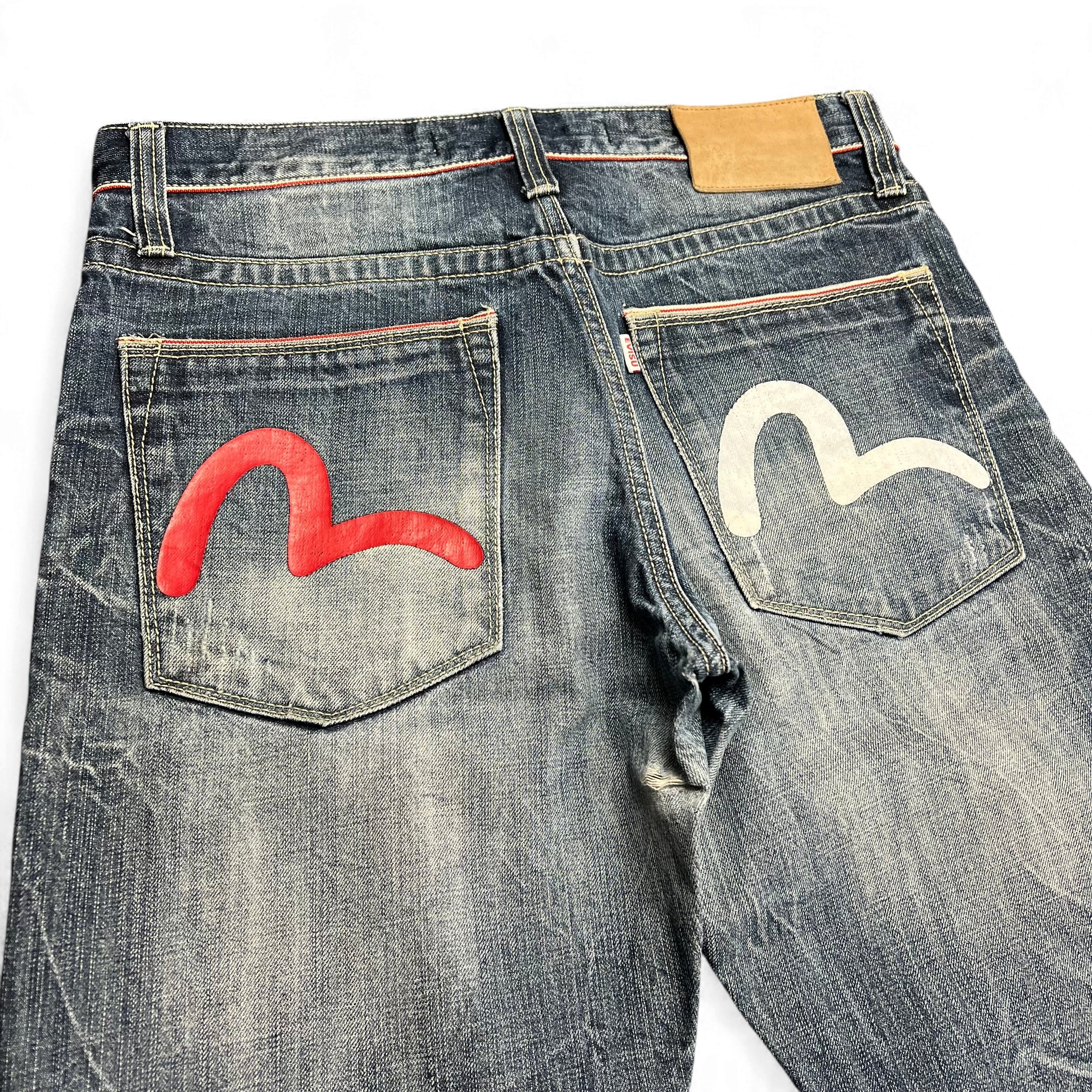 TWC Vintage Evisu KC Straight Jeans in Blau mit ikonischen roten und weißen Seagull-Prints auf den Gesäßtaschen