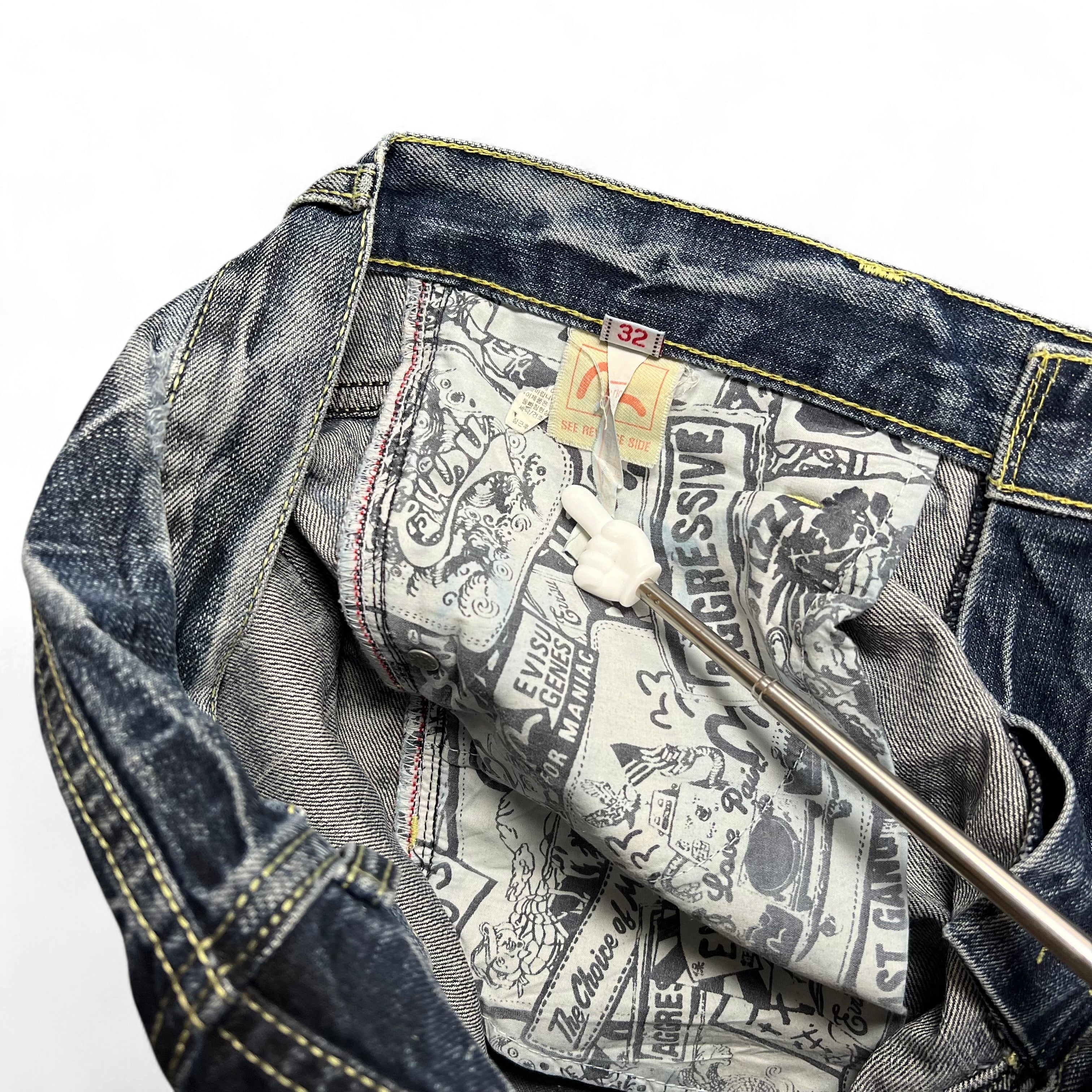 TWC Vintage Evisu KC Baggy Jeans mit bedrucktem Innenfutter und gelben Kontrastnähten
