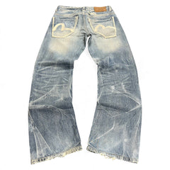 TWC Vintage Evisu KC Straight Jeans in verwaschenem Blau mit ikonischen Seagull-Taschenstickereien und Used-Look