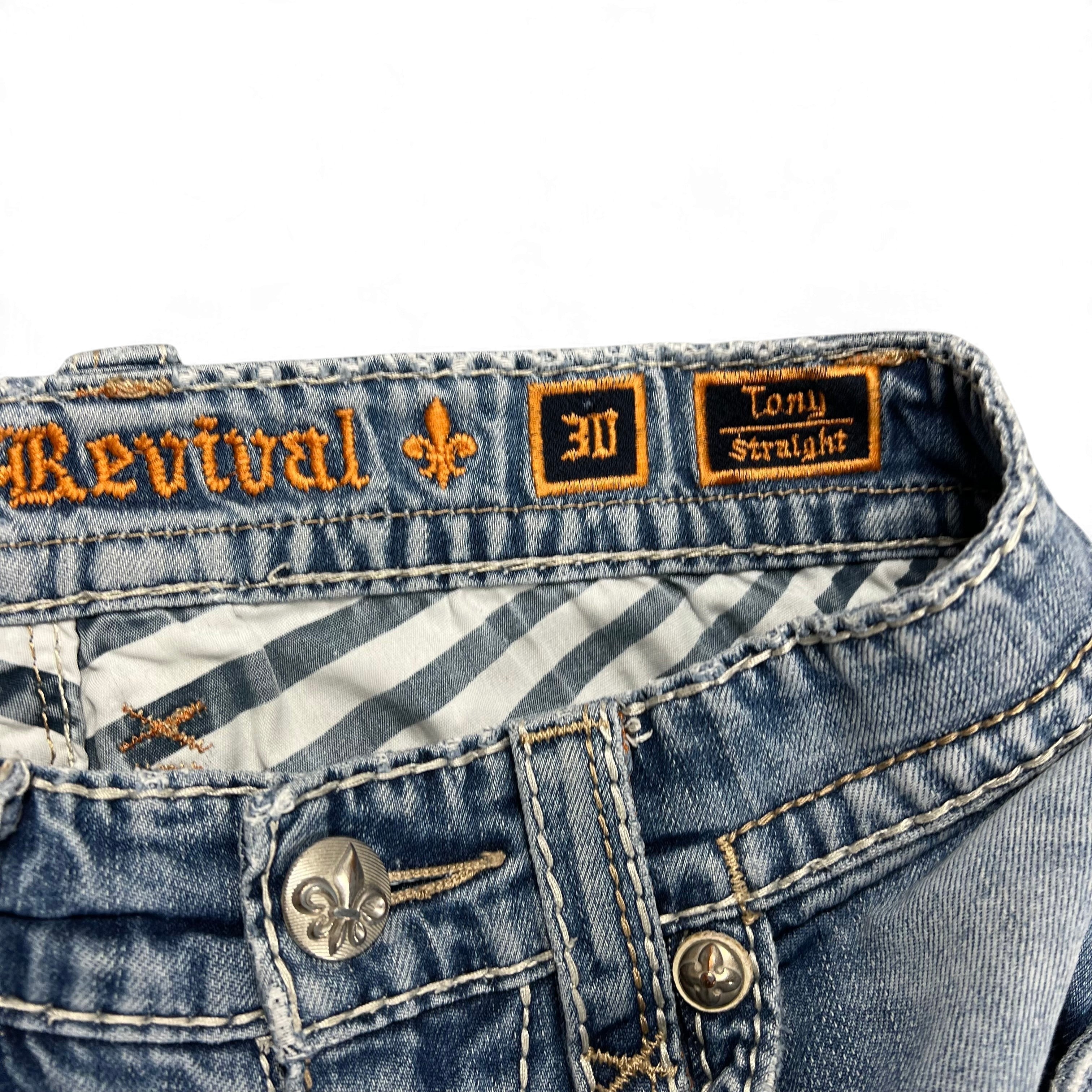 TWC Vintage Rock Revival Straight Jeans in blau mit orangefarbenen Stickereien und Metallknöpfen am Bund