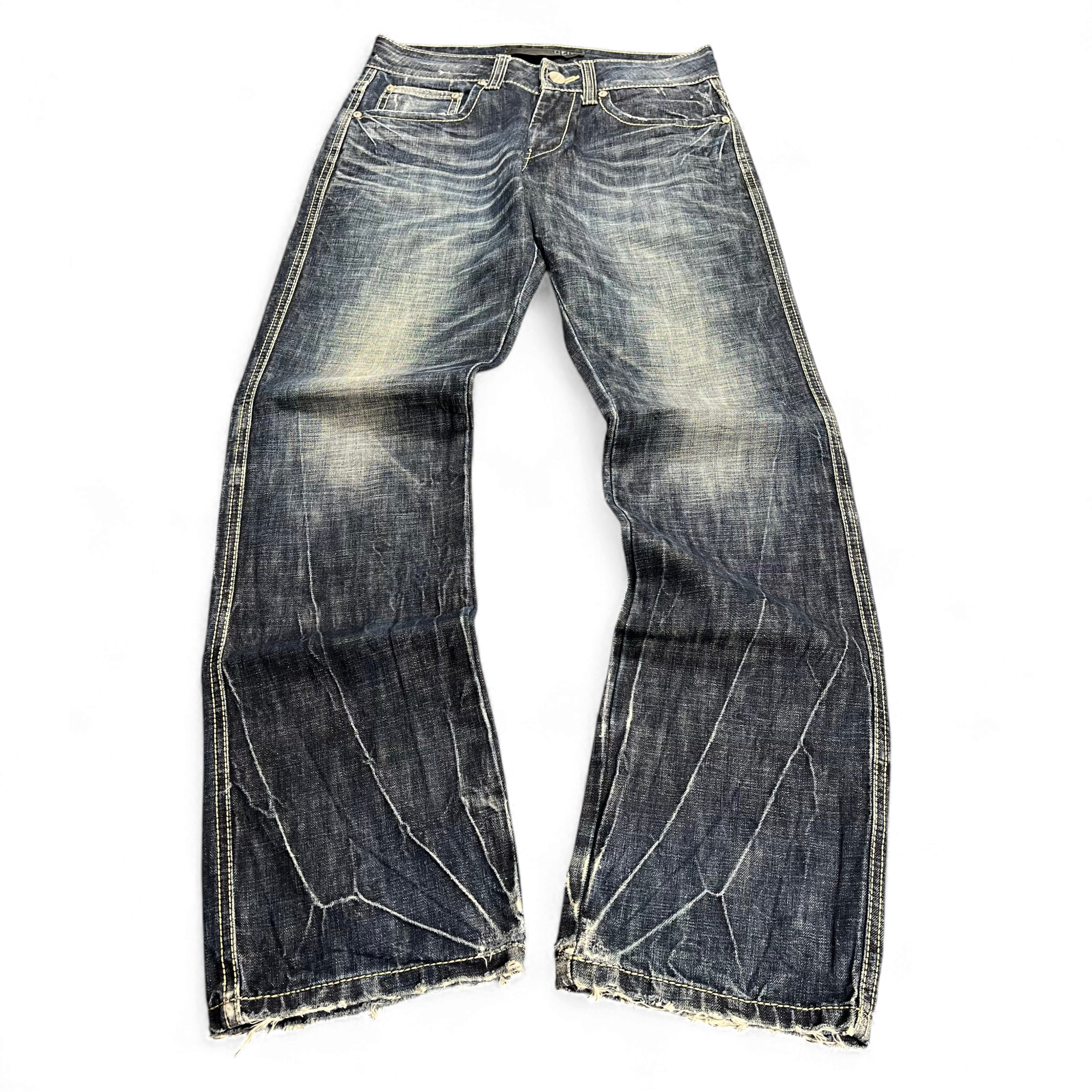 TWC Vintage Evisu KC Straight Jeans in verwaschenem Blau mit markanten Whiskering-Details und geradem Bein