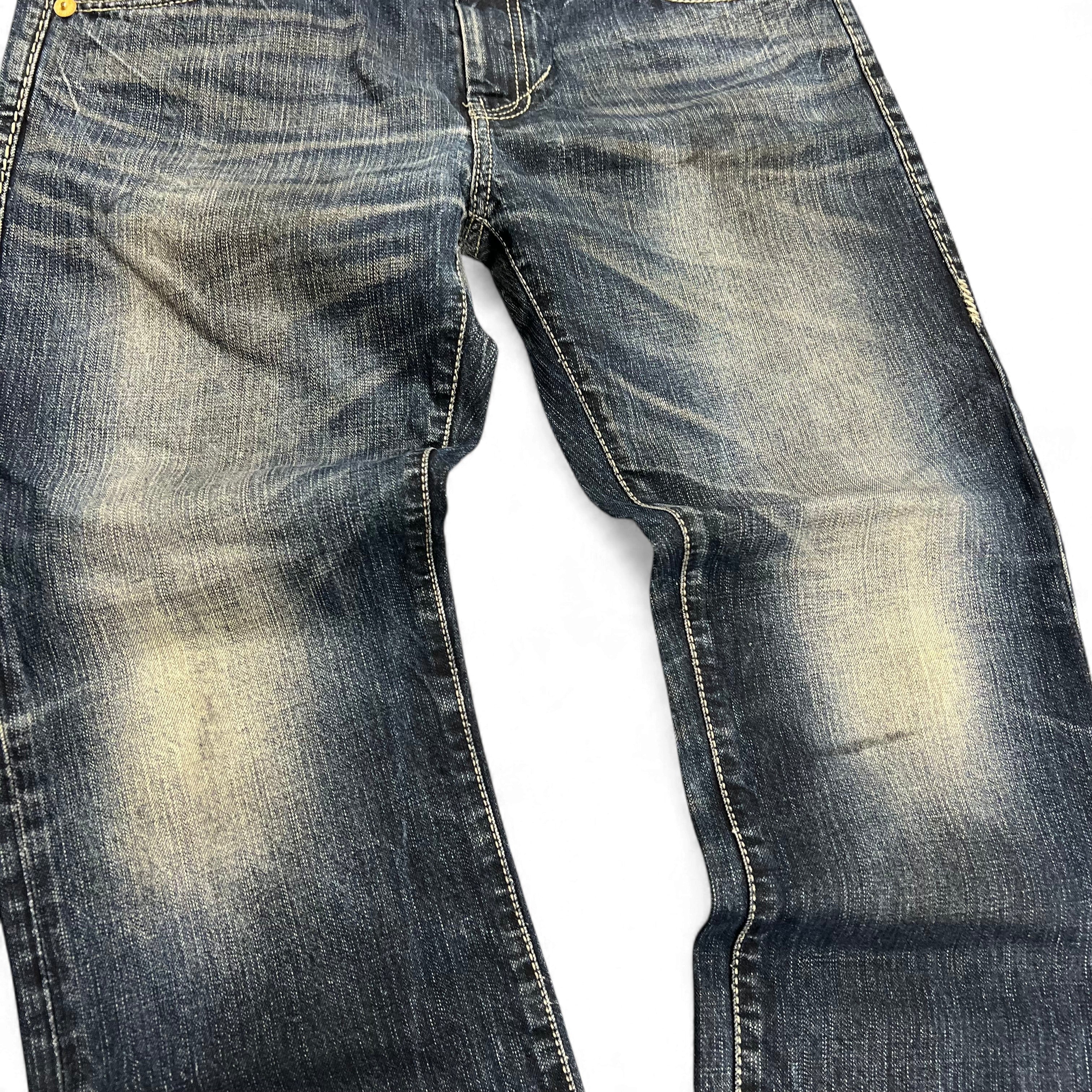 TWC Vintage Evisu KC Straight Jeans in verwaschenem Blau mit geradem Schnitt und markanten Kontrastnähten
