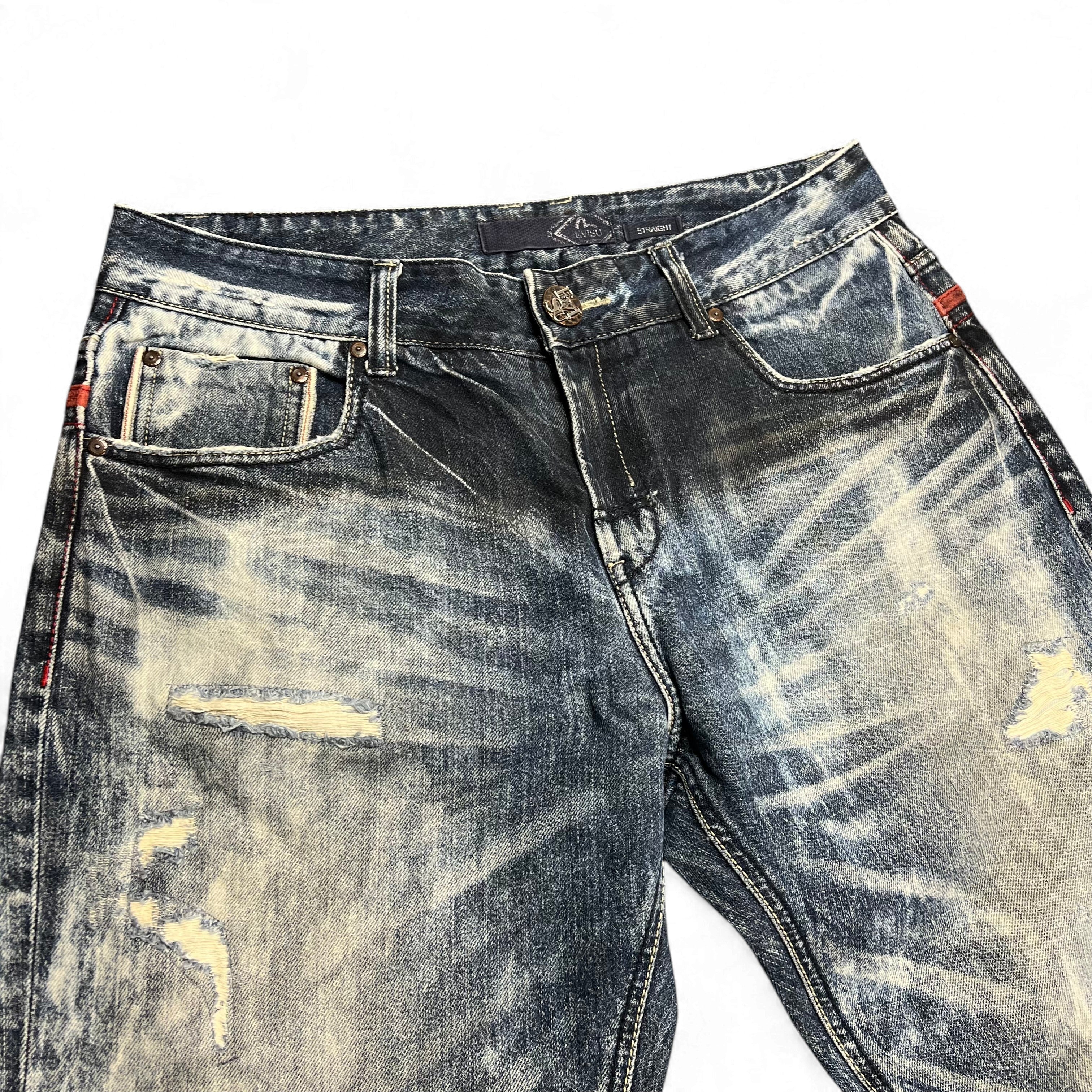 TWC Vintage Evisu KC Straight Jeans in verwaschenem Blau mit Distressed-Details und geradem Schnitt