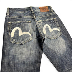 TWC Vintage Evisu KC Straight Jeans in blauem Denim mit charakteristischem weißem Seagull-Print auf den Gesäßtaschen