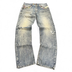 TWC Vintage Jeans mit japanischer Jizo-Stickerei an den Taschen, verwaschenes Blau mit Distressed-Details