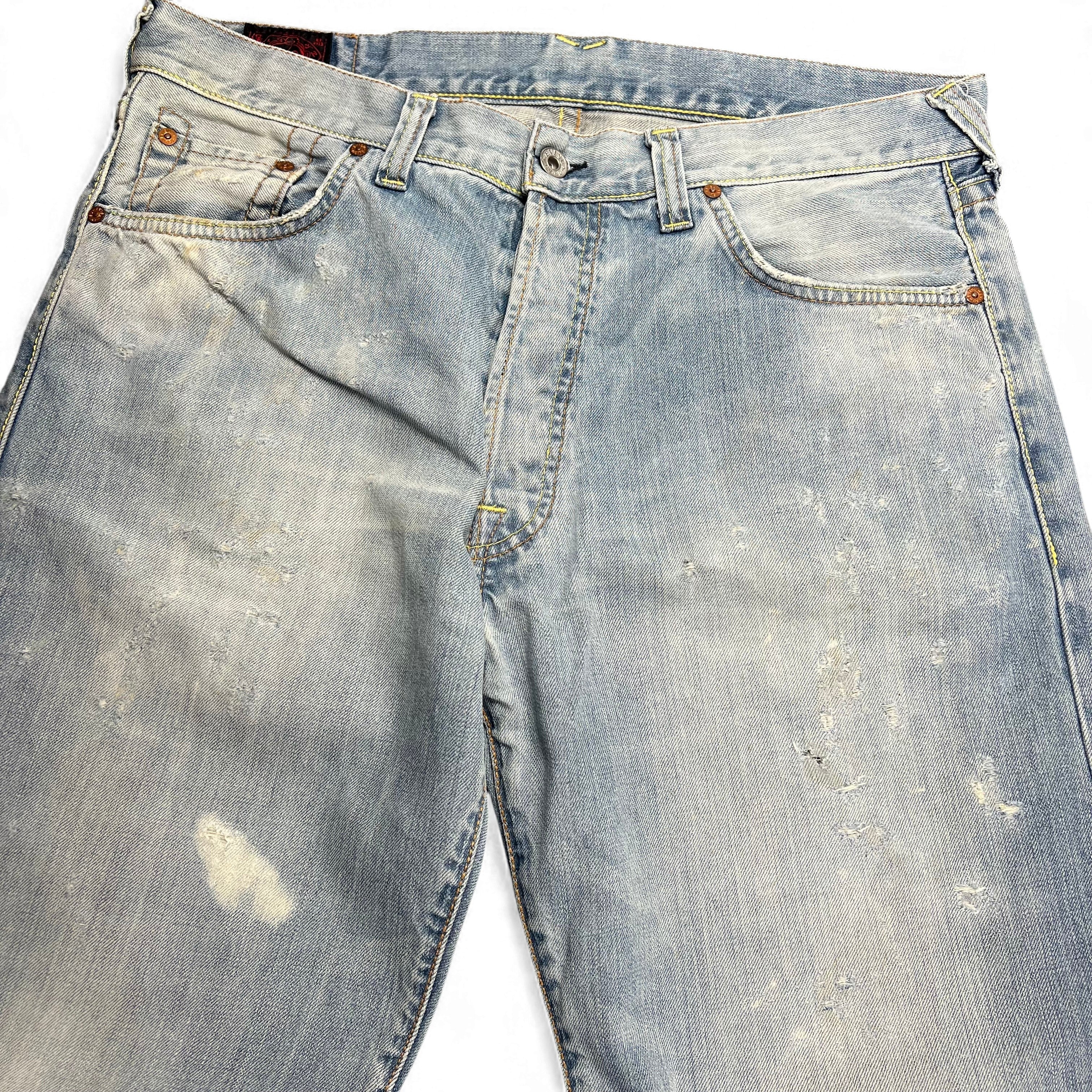 TWC Vintage Evisu Straight-Fit Jeans in hellblauem Denim mit Distressed-Details und Used-Look