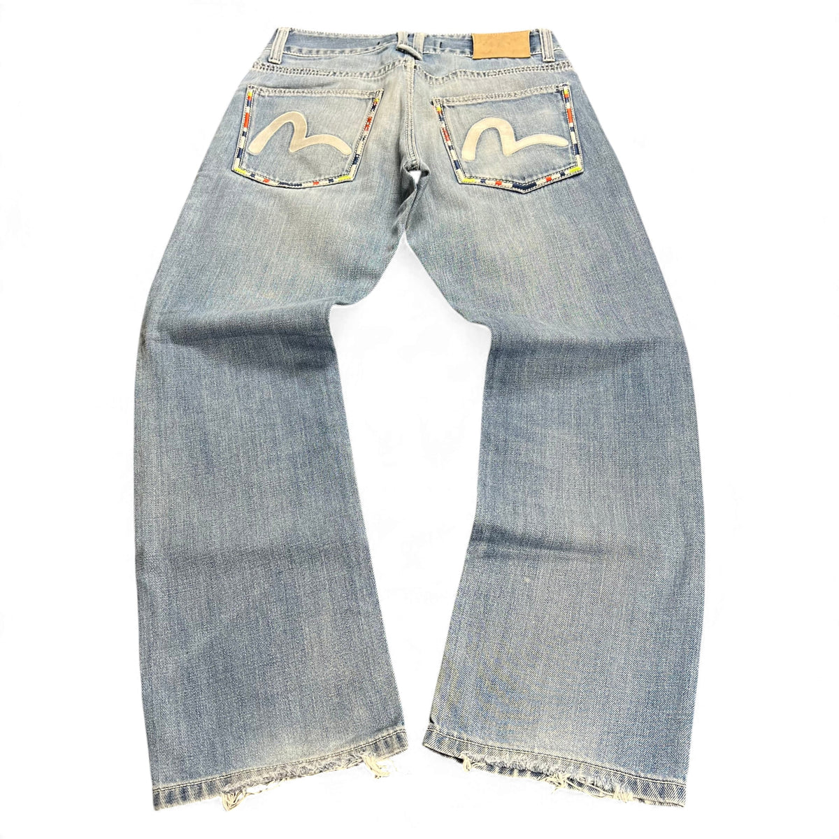 TWC Vintage Evisu KC Straight Jeans in hellblauem Denim mit ikonischem Seagull-Stickmuster auf den Gesäßtaschen
