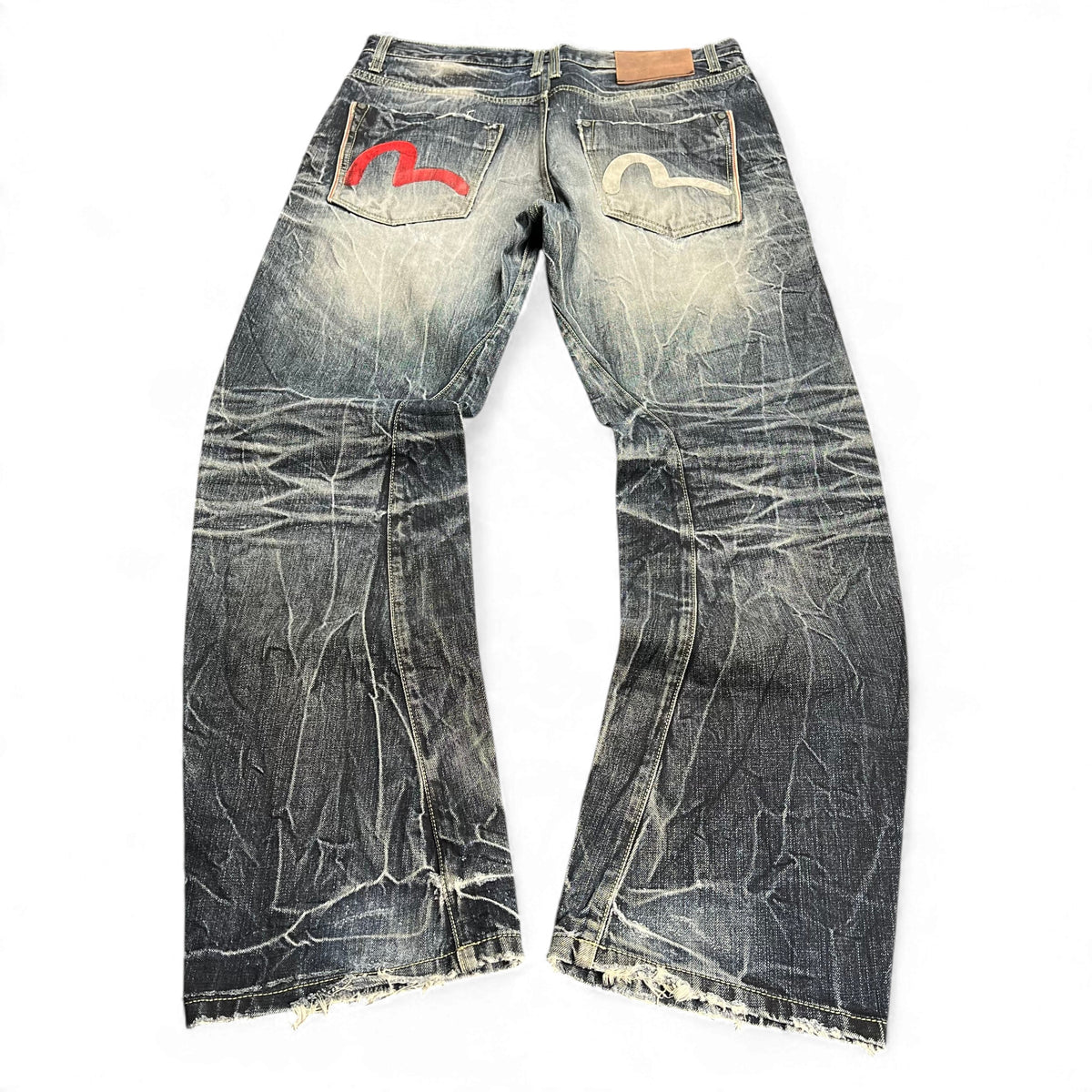 TWC Vintage Evisu KC Baggy Jeans in verwaschenem Blau mit ikonischen roten und weißen Möwen-Logos auf den Gesäßtaschen