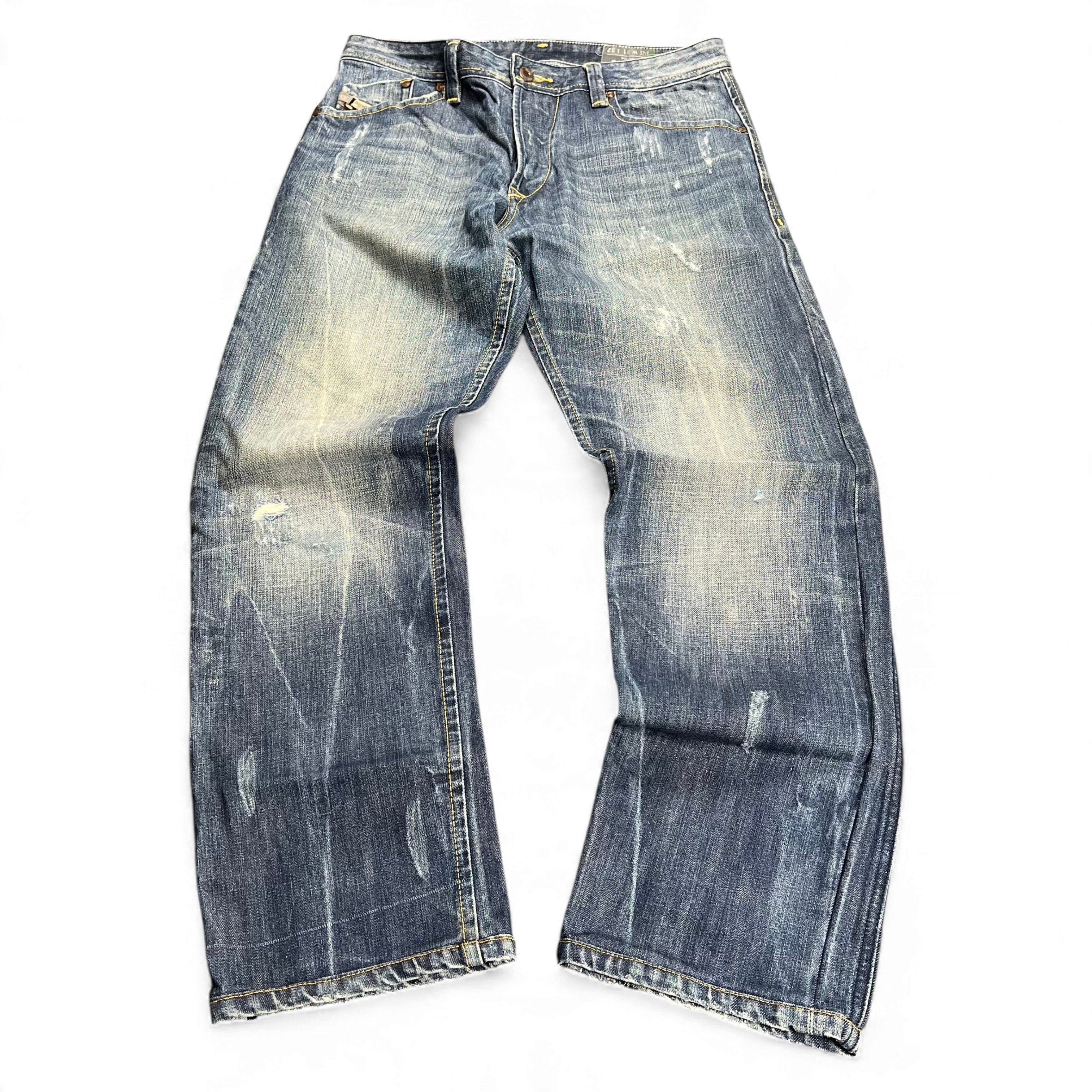 TWC Vintage Diesel Darron Straight Jeans in blau mit Used-Look und Distressed-Details