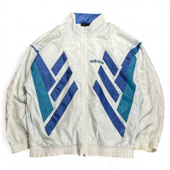 TWC Vintage Adidas 90er Jahre Windbreaker in Weiß mit hellblauen und türkisen geometrischen Streifen