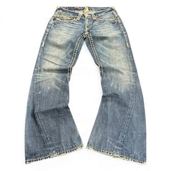 TWC Vintage True Religion Joey Super T Bootcut Jeans in verwaschenem Blau mit markanten Kontrastnähten