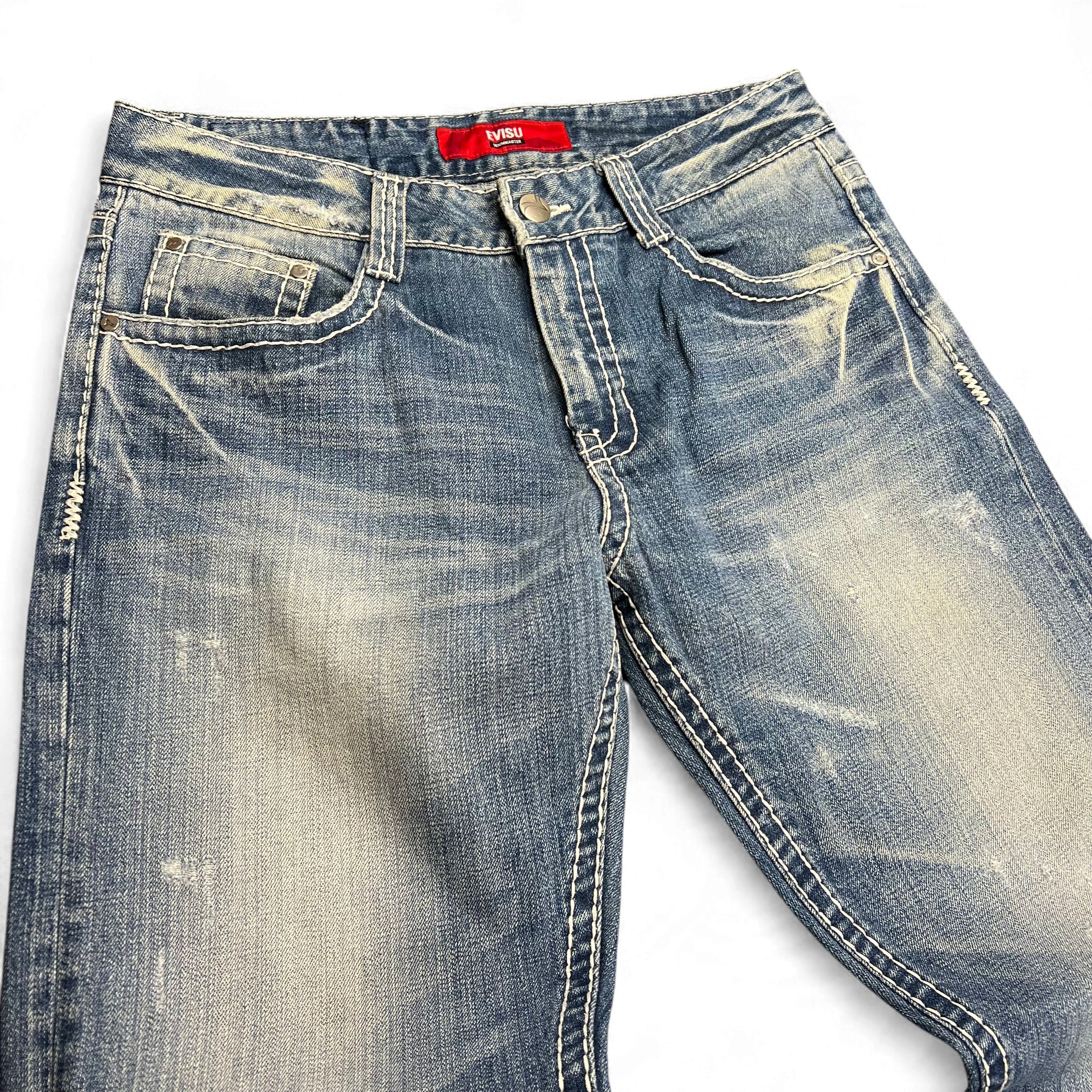 TWC Vintage Evisu KC Straight Jeans in verwaschenem Blau mit markanten Kontrastnähten und Vintage-Waschung