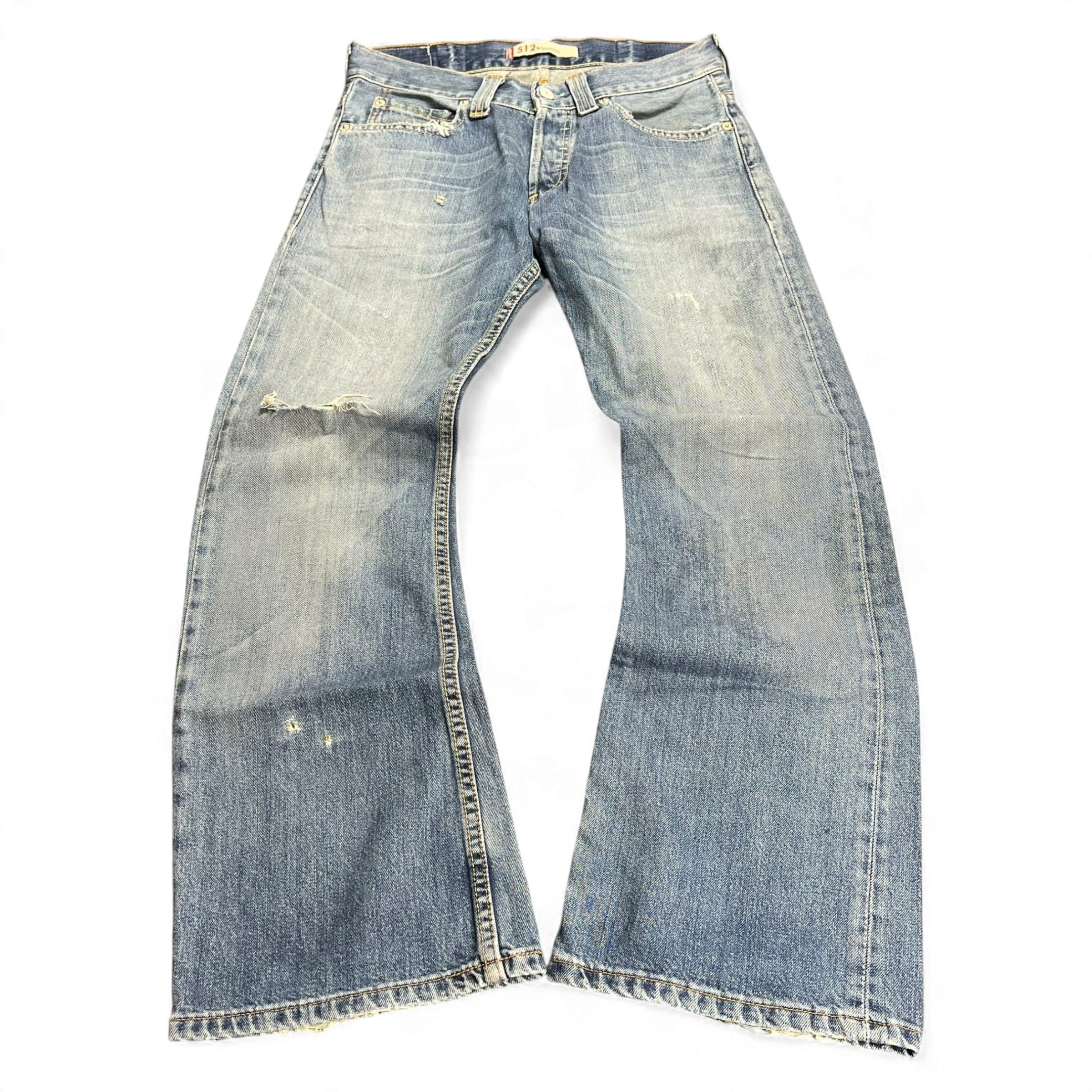 TWC Vintage Levi’s 512 Bootcut Jeans in dirty wash denim with distressed details and frayed hems