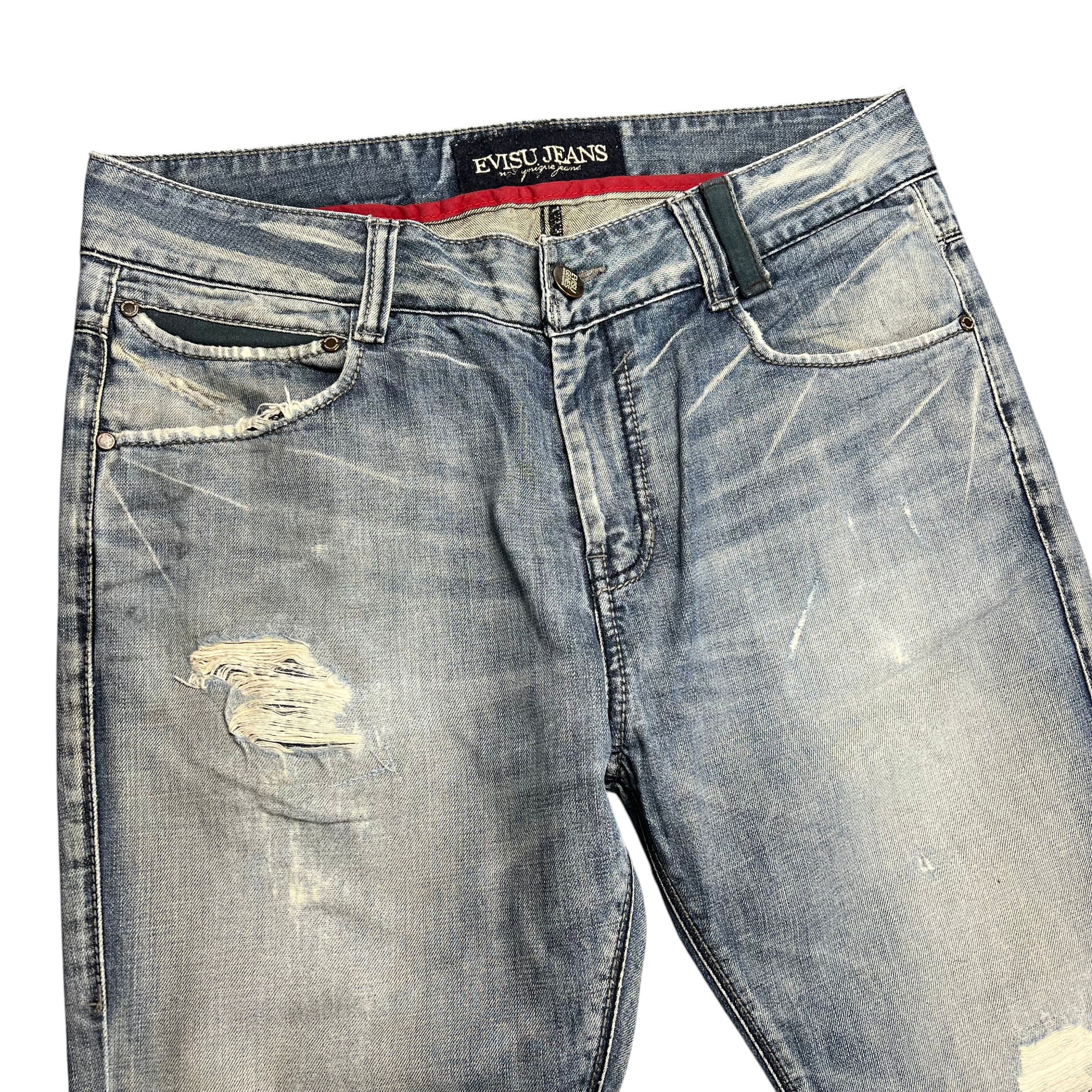 TWC Vintage Evisu Straight Jeans in verwaschenem Blau mit Distressed-Details und Rissen im Vintage-Stil