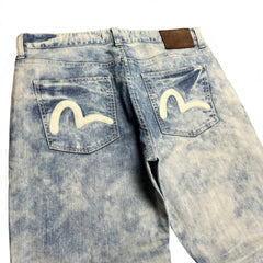 TWC Vintage Evisu KC Baggy Jeans in hellblauer Acid-Waschung mit ikonischen weißen Möwen-Stickereien auf den Taschen