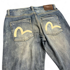 TWC Vintage Evisu KC Straight Jeans in verwaschenem Blau mit ikonischem Seagull-Logo auf den Gesäßtaschen