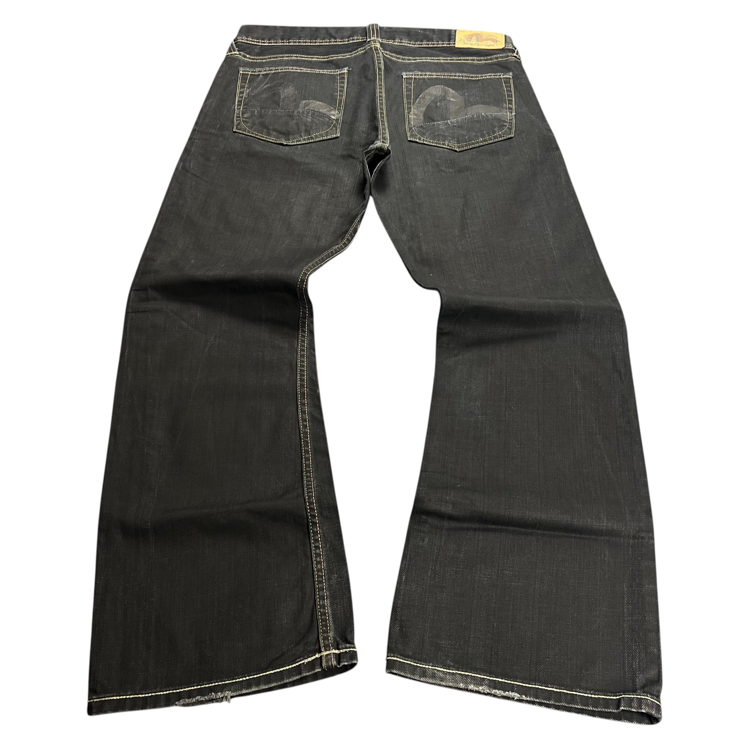 TWC Vintage Evisu x Puma Bootcut Jeans in Schwarz mit charakteristischen Taschenstickereien und Lederpatch