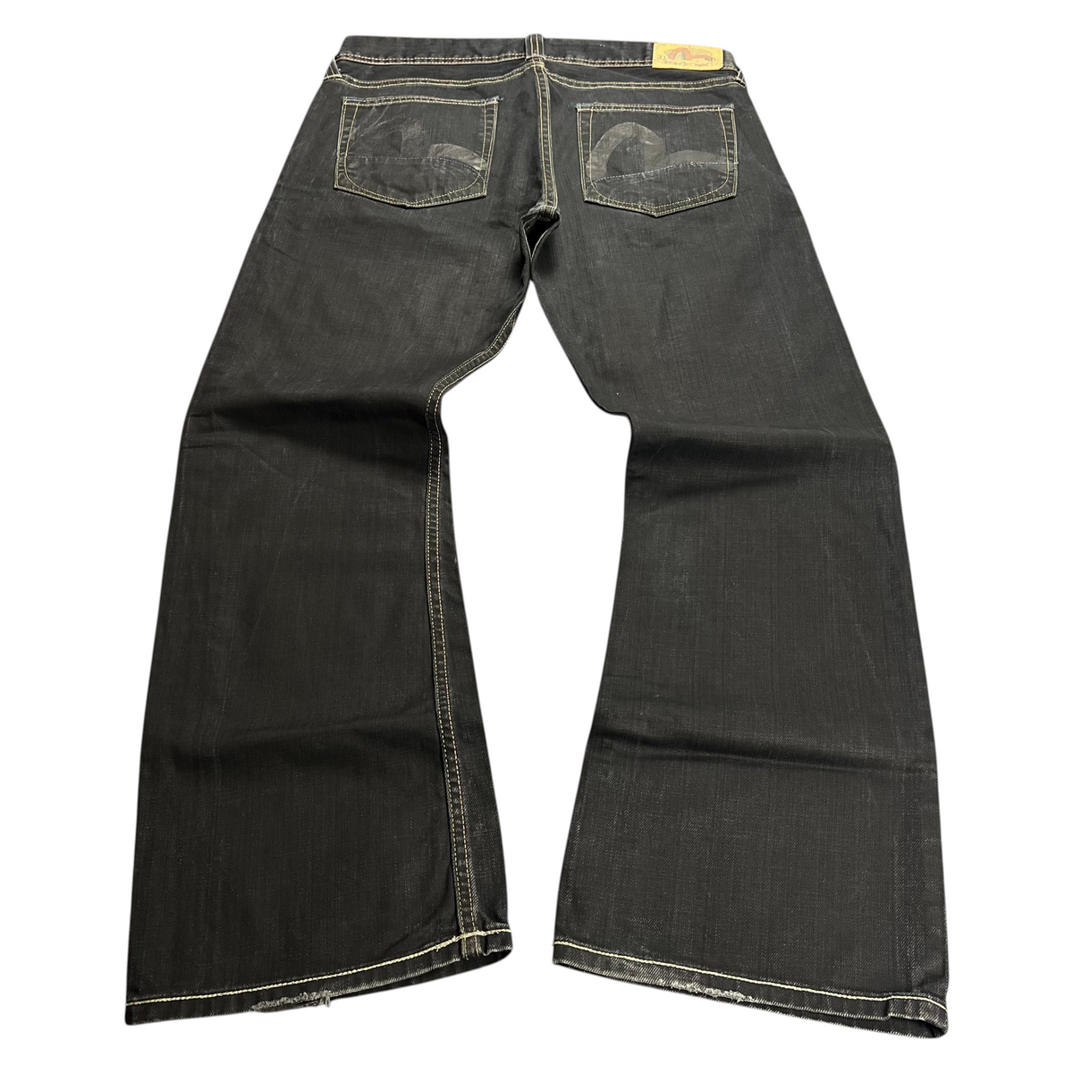 TWC Vintage Evisu x Puma Bootcut Jeans in Schwarz mit charakteristischen Taschenstickereien und Lederpatch