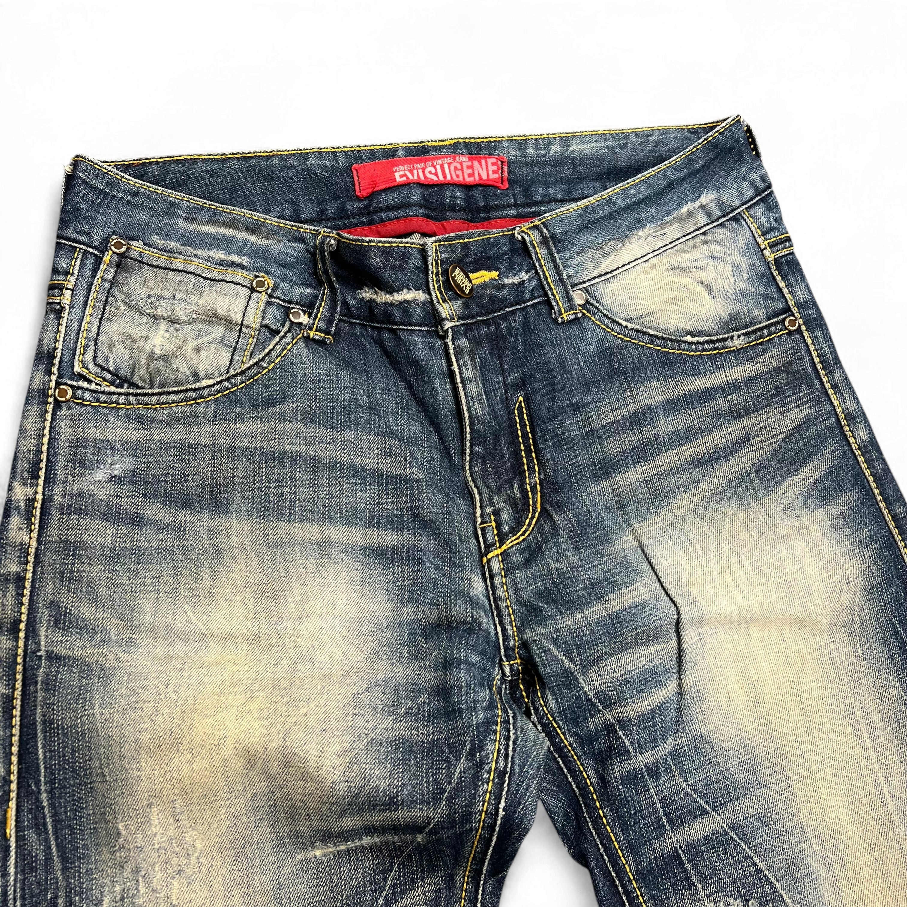 TWC Vintage Evisu KC Straight Jeans in blauem Denim mit Used-Look und gelben Kontrastnähten