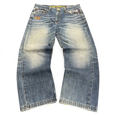 TWC Vintage japanische Selvedge Jeans mit Big Train Stickerei und verwaschener blauer Waschung