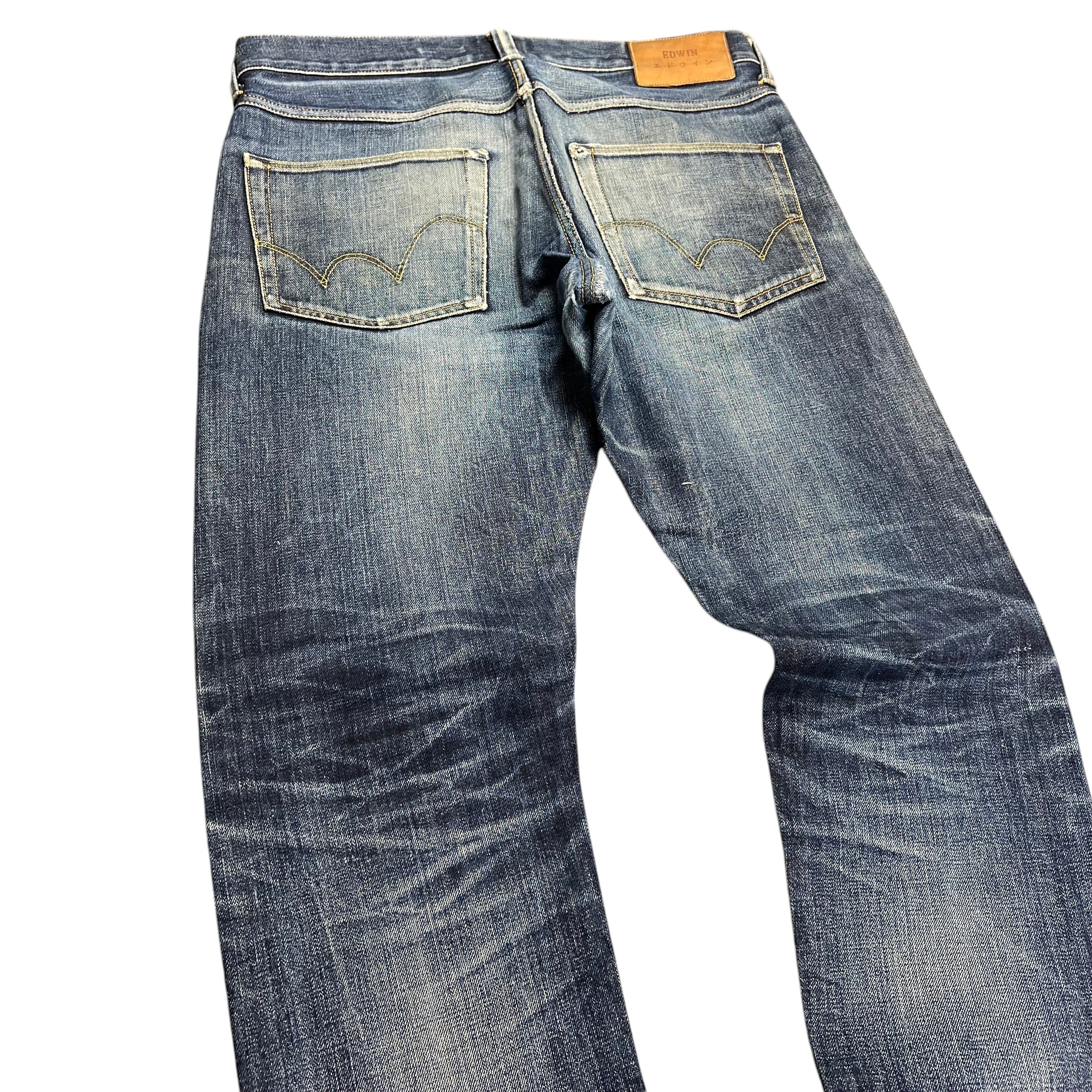 TWC Vintage Edwin japanische Selvedge Jeans in verwaschenem Blau mit Lederpatch und markanten Gesäßtaschen