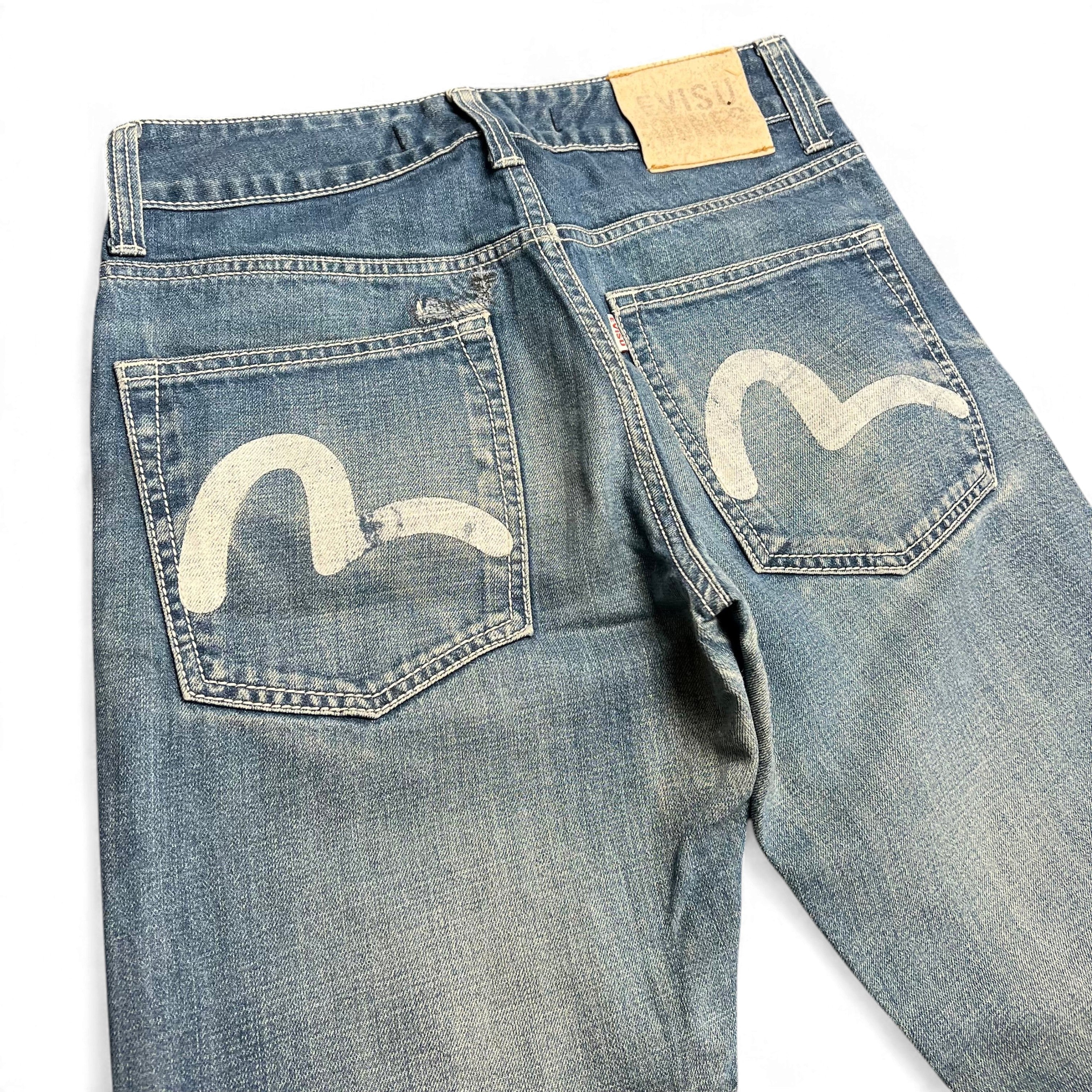 TWC Vintage Evisu KC Straight Jeans in blauem Denim mit ikonischem weißem Seagull-Print auf den Gesäßtaschen