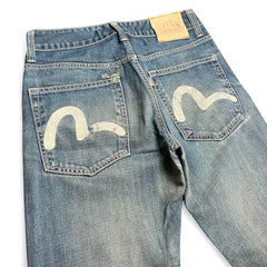 TWC Vintage Evisu KC Straight Jeans in blauem Denim mit ikonischem weißem Seagull-Print auf den Gesäßtaschen