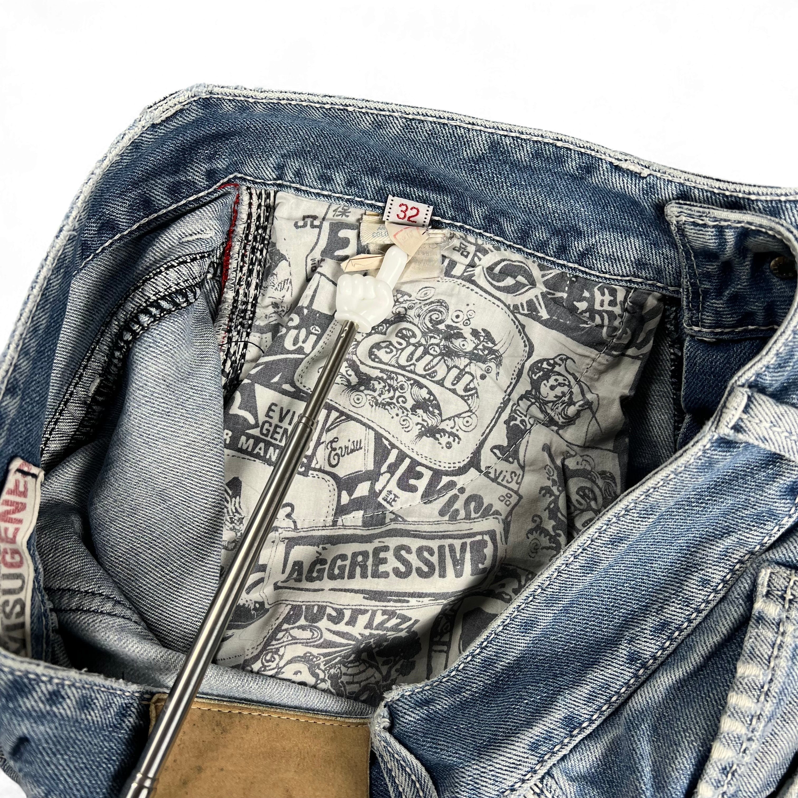 TWC Vintage Evisu KC Straight Jeans mit bedrucktem Innenfutter und Label-Details in verwaschenem Blau