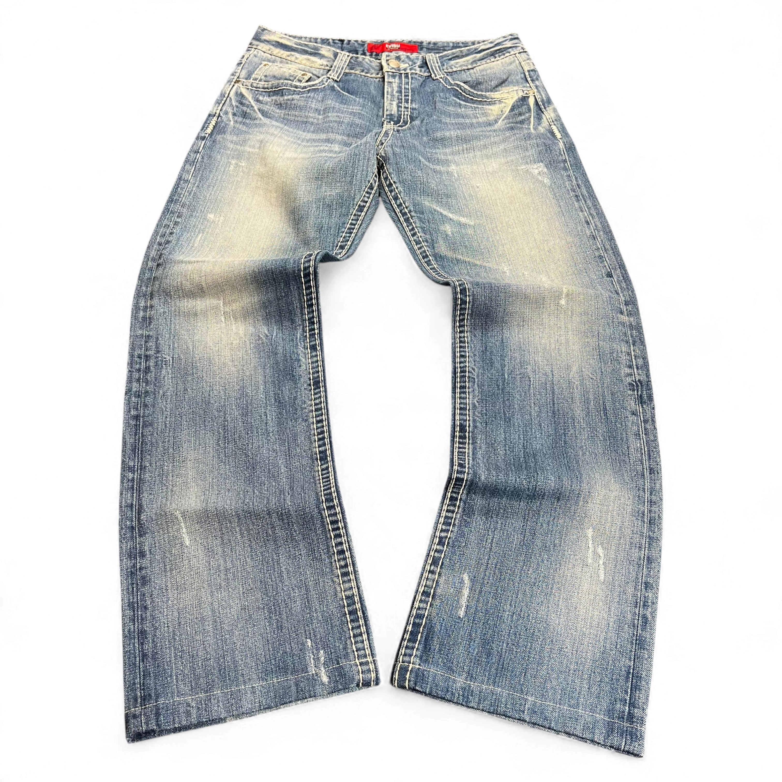 TWC Vintage Evisu KC Straight Jeans in verwaschenem Blau mit geradem Bein und Distressed-Details