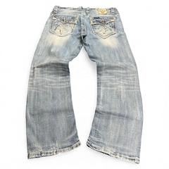 TWC Vintage Rock Revival Jeans mit geradem Bein in verwaschenem Blau, verziert mit aufwendigen Stickereien