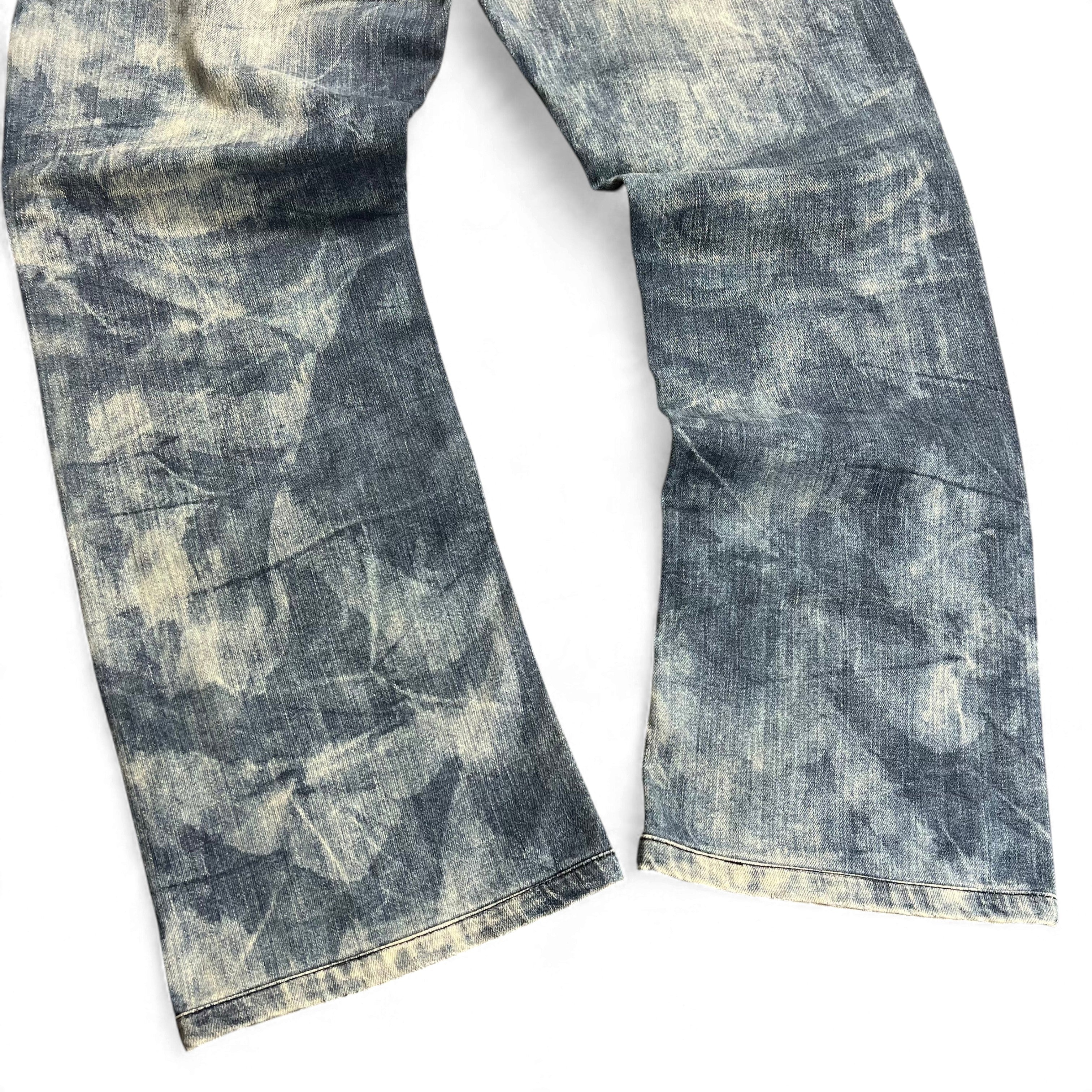 TWC Vintage Evisu KC Straight Jeans mit markanter Acid-Wash-Waschung in Blau und verwaschenem Denim-Look