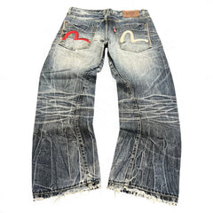 TWC Vintage Evisu KC Baggy Jeans mit verwaschener blauer Waschung, ikonischen roten und weißen Möwen-Stickereien