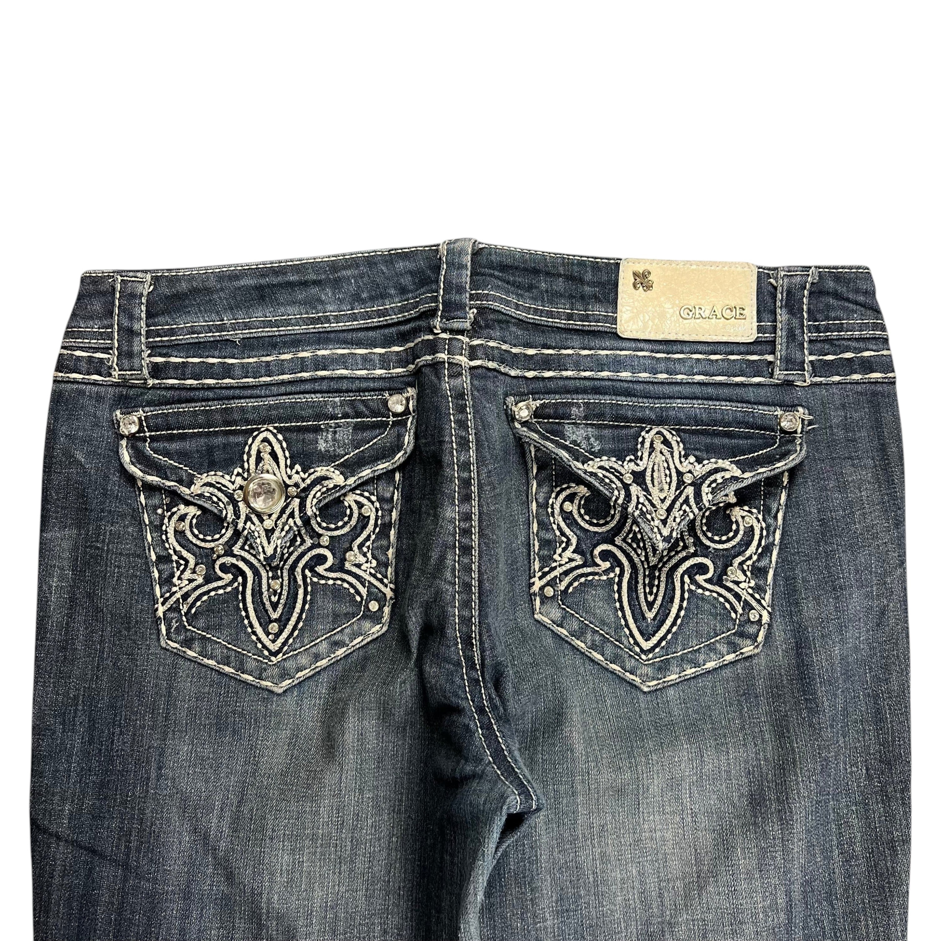 TWC Vintage Damen Y2K Bootcut Jeans in Dunkelblau mit aufwendigen Stickereien und Strasssteinen an den Gesäßtaschen