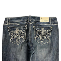 TWC Vintage Damen Y2K Bootcut Jeans in Dunkelblau mit aufwendigen Stickereien und Strasssteinen an den Gesäßtaschen