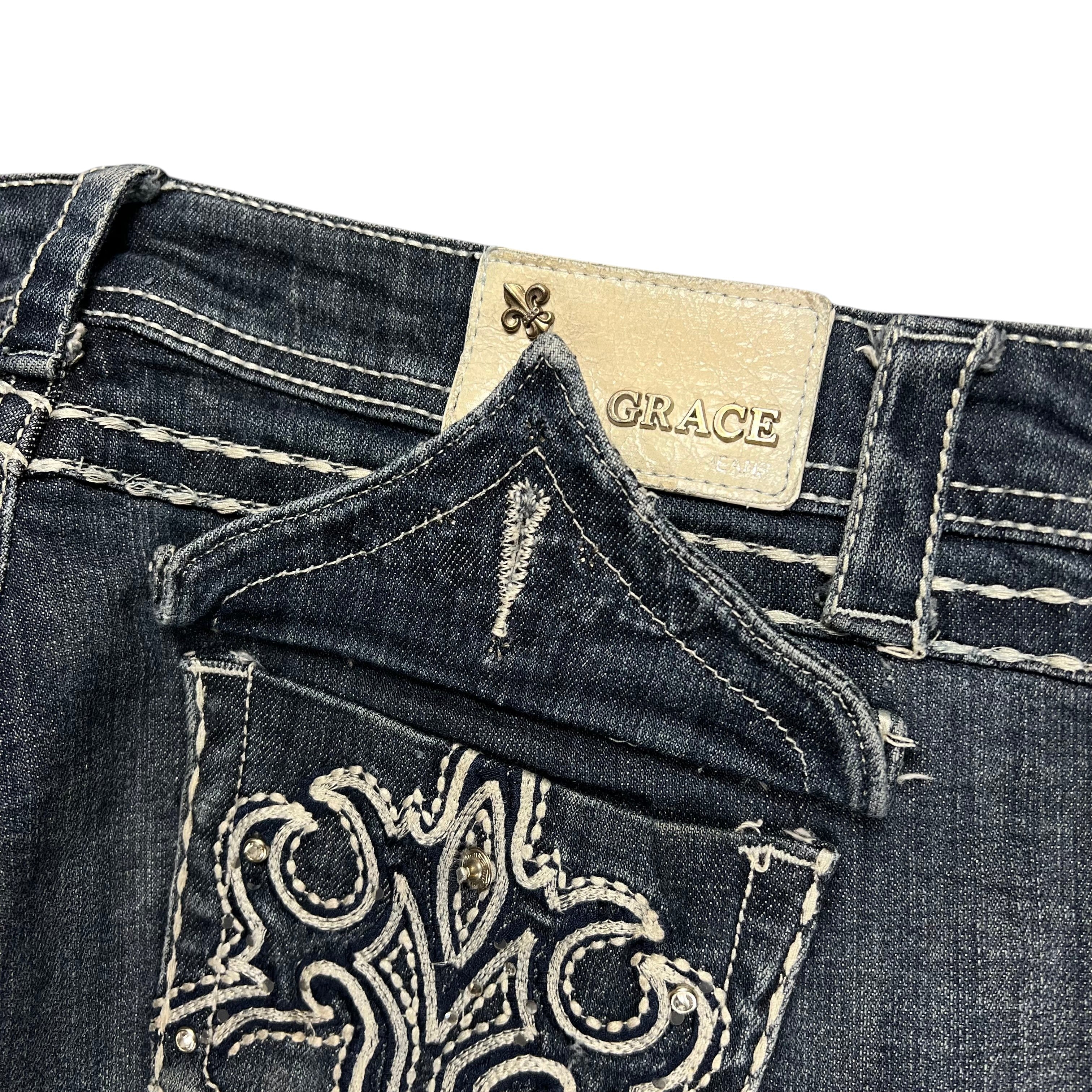 TWC Vintage Damen Y2K Jeans mit aufwendiger Stickerei, Strasssteinen und hellem Lederpatch an der Gesäßtasche