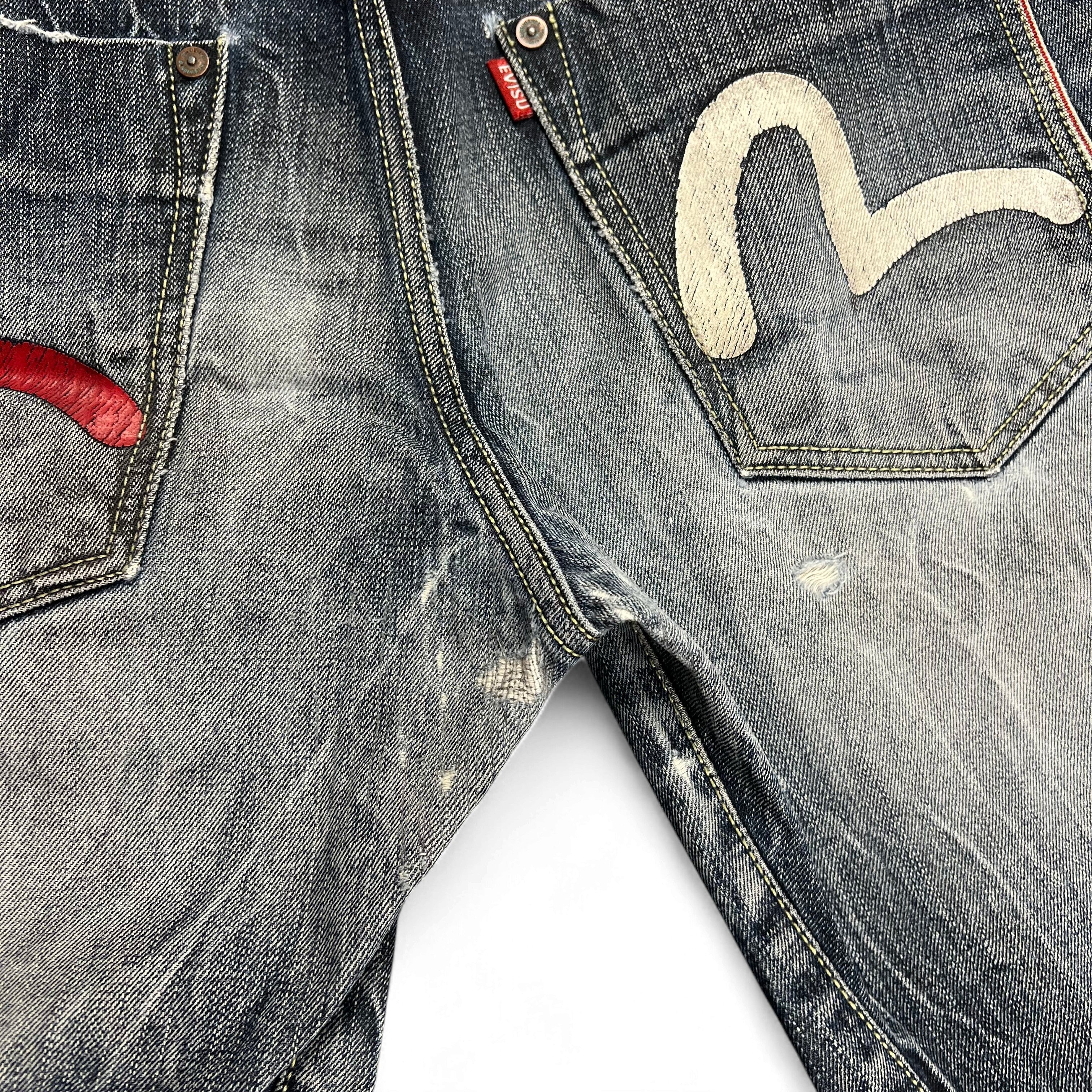 TWC Vintage Evisu KC Baggy Jeans aus blauem Denim mit ikonischem weißem und rotem Seagull-Print auf den Gesäßtaschen