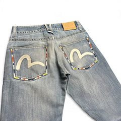 TWC Vintage Evisu KC Straight Jeans in hellblauem Denim mit ikonischem weißem Seagull-Logo und bunten Taschenrändern