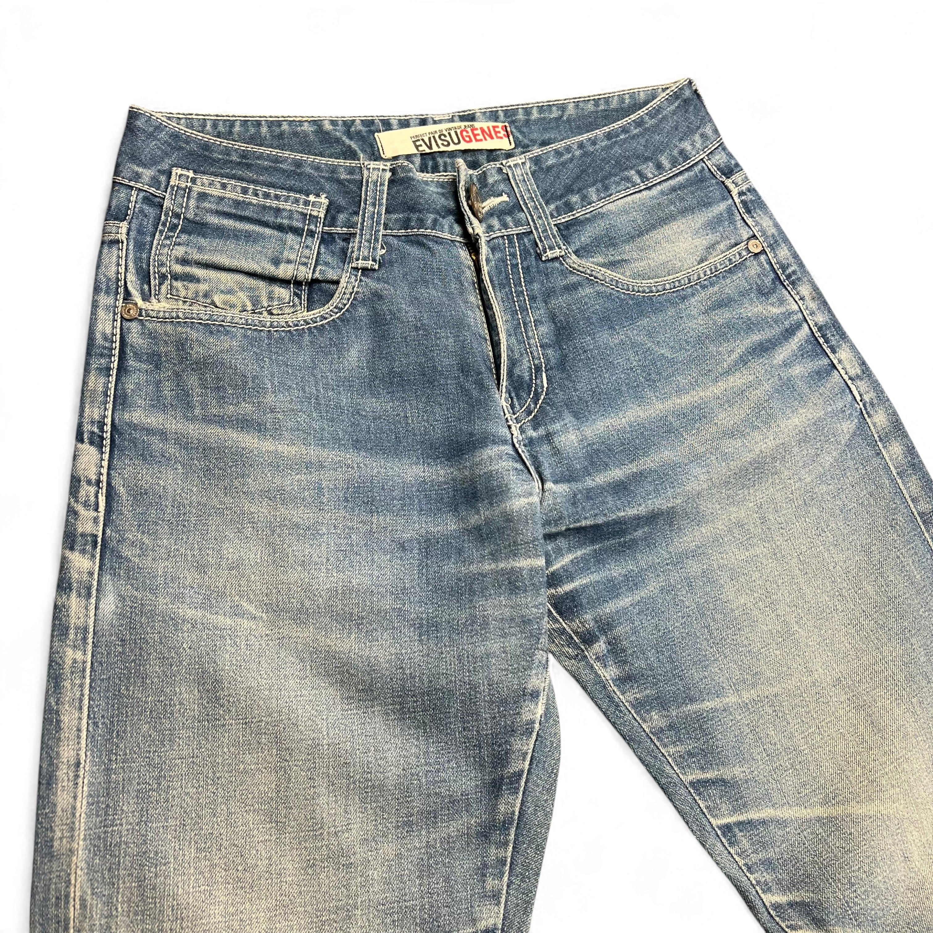 TWC Vintage Evisu KC Straight Jeans in verwaschenem Blau mit klassischem Five-Pocket-Design und Logo-Label