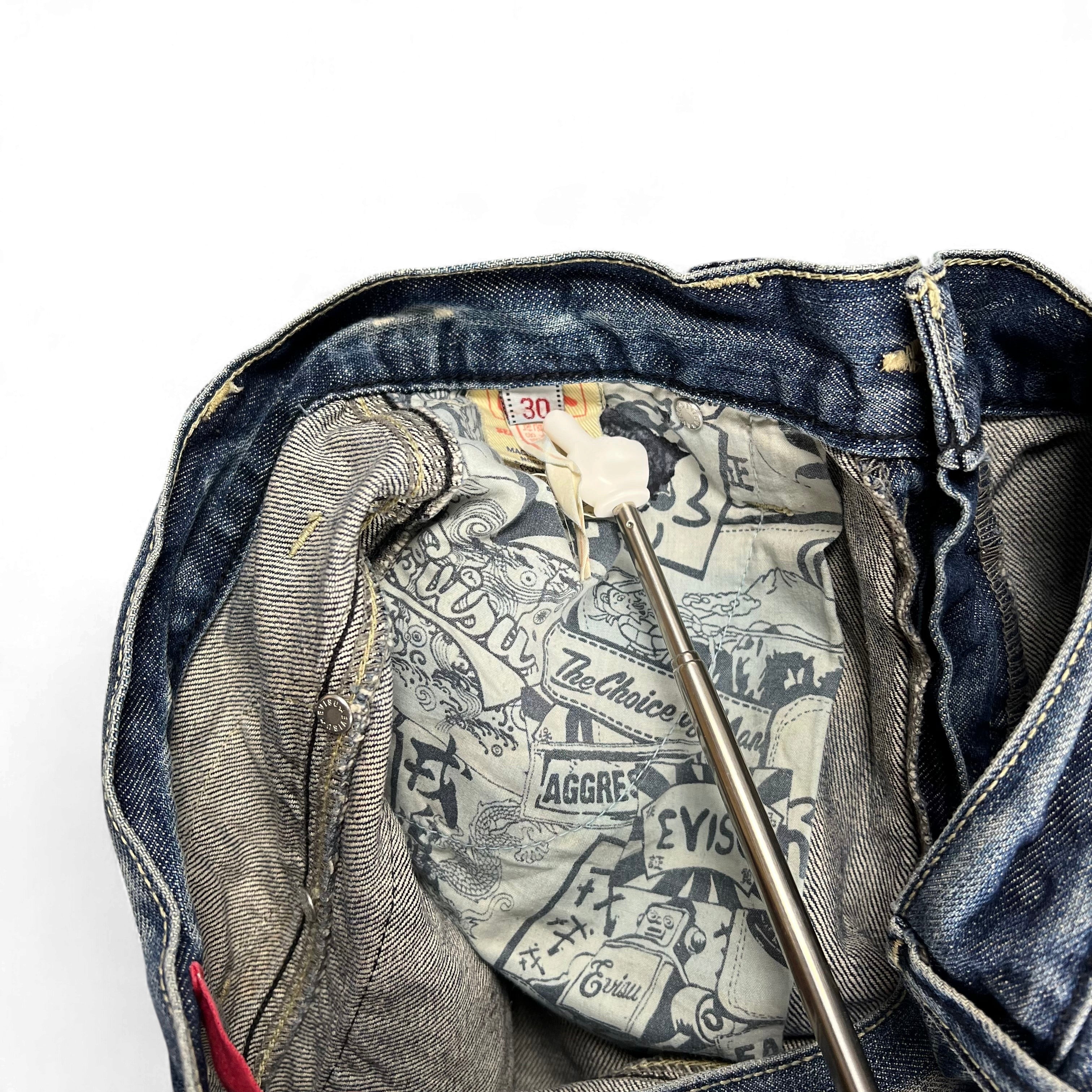 TWC Vintage Evisu KC Straight Jeans mit bedrucktem Innenfutter und Etikett in Größe 30