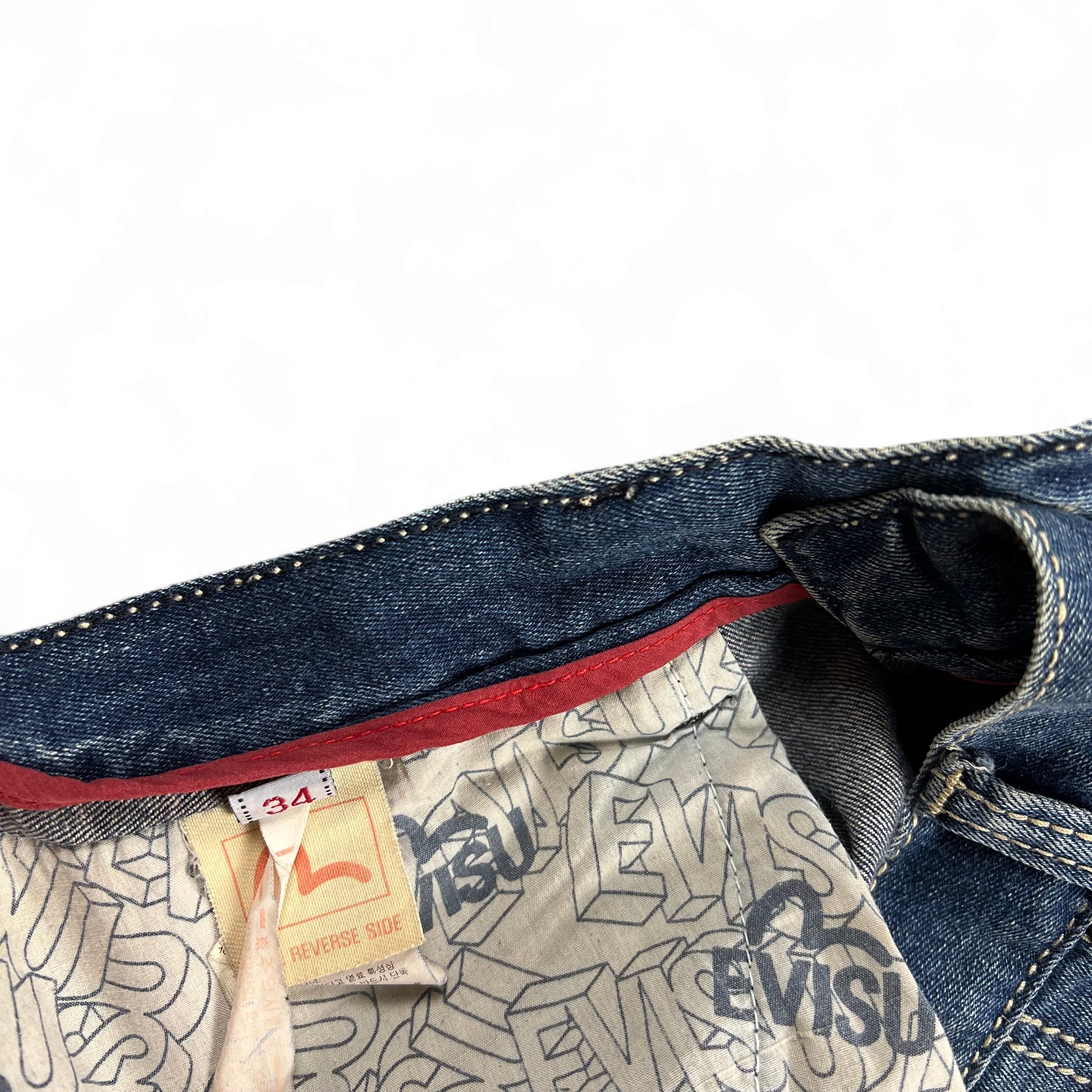 TWC Vintage Evisu KC Straight Jeans mit blauem Denim, rotem Innenfutter und bedrucktem Innenstoff