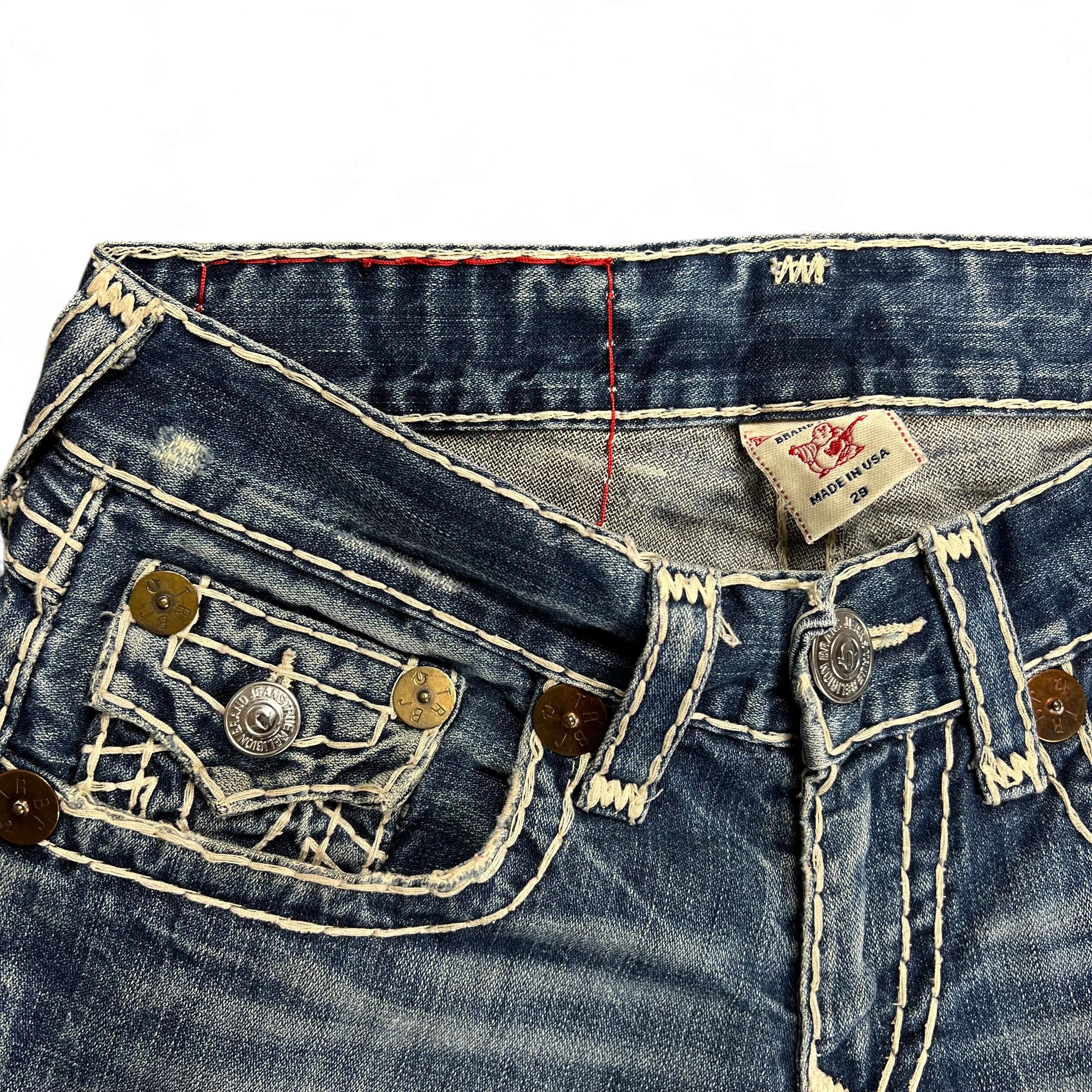 TWC Vintage True Religion Joey Super T Bootcut Jeans in blauem Denim mit markanten hellen Kontrastnähten