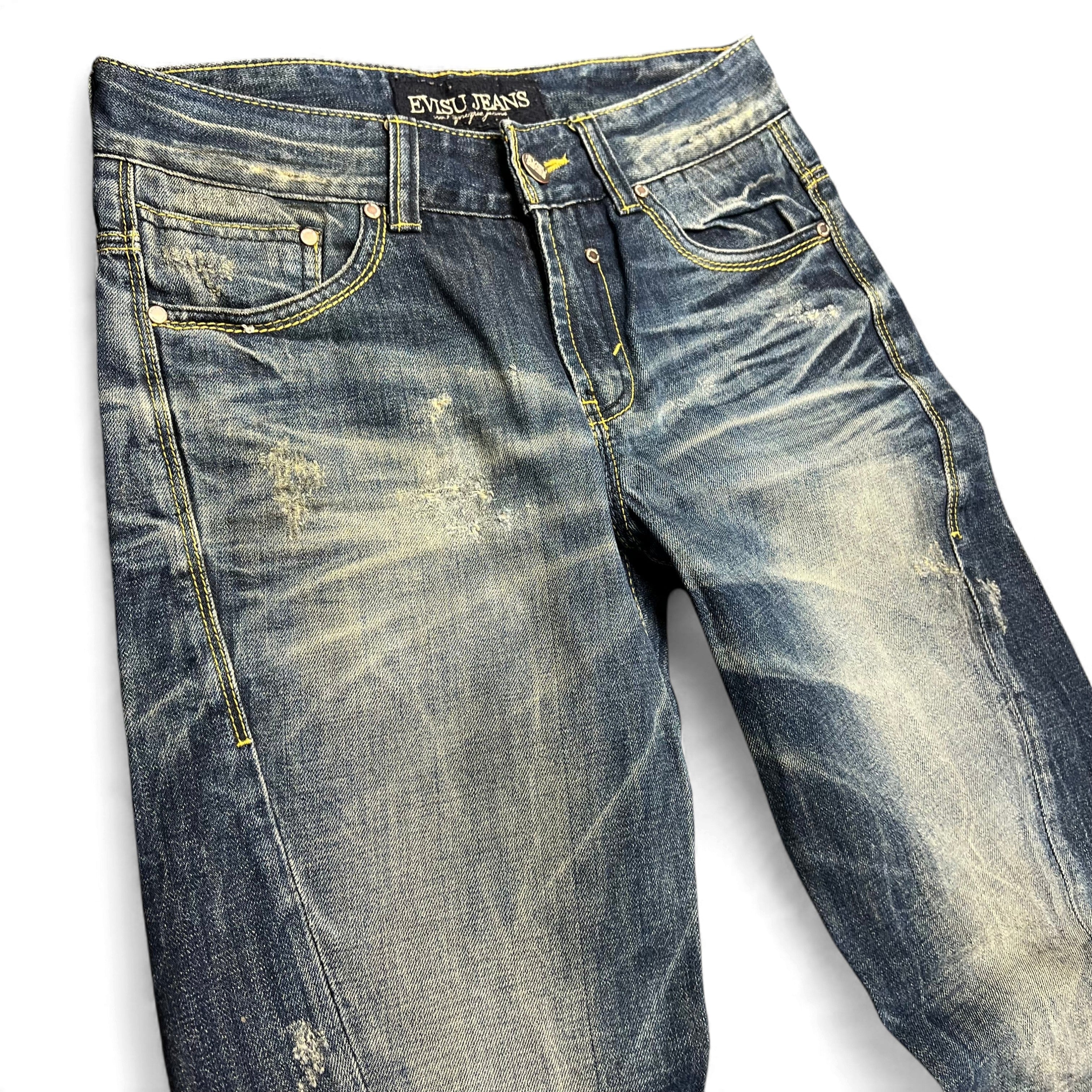 TWC Vintage Evisu KC Straight Jeans in verwaschenem Blau mit Distressed-Details und gelben Kontrastnähten