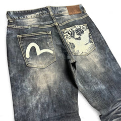 TWC Vintage Evisu KC Baggy Jeans in verwaschenem Dunkelblau mit ikonischem Seagull-Logo und Adler-Stickerei hinten