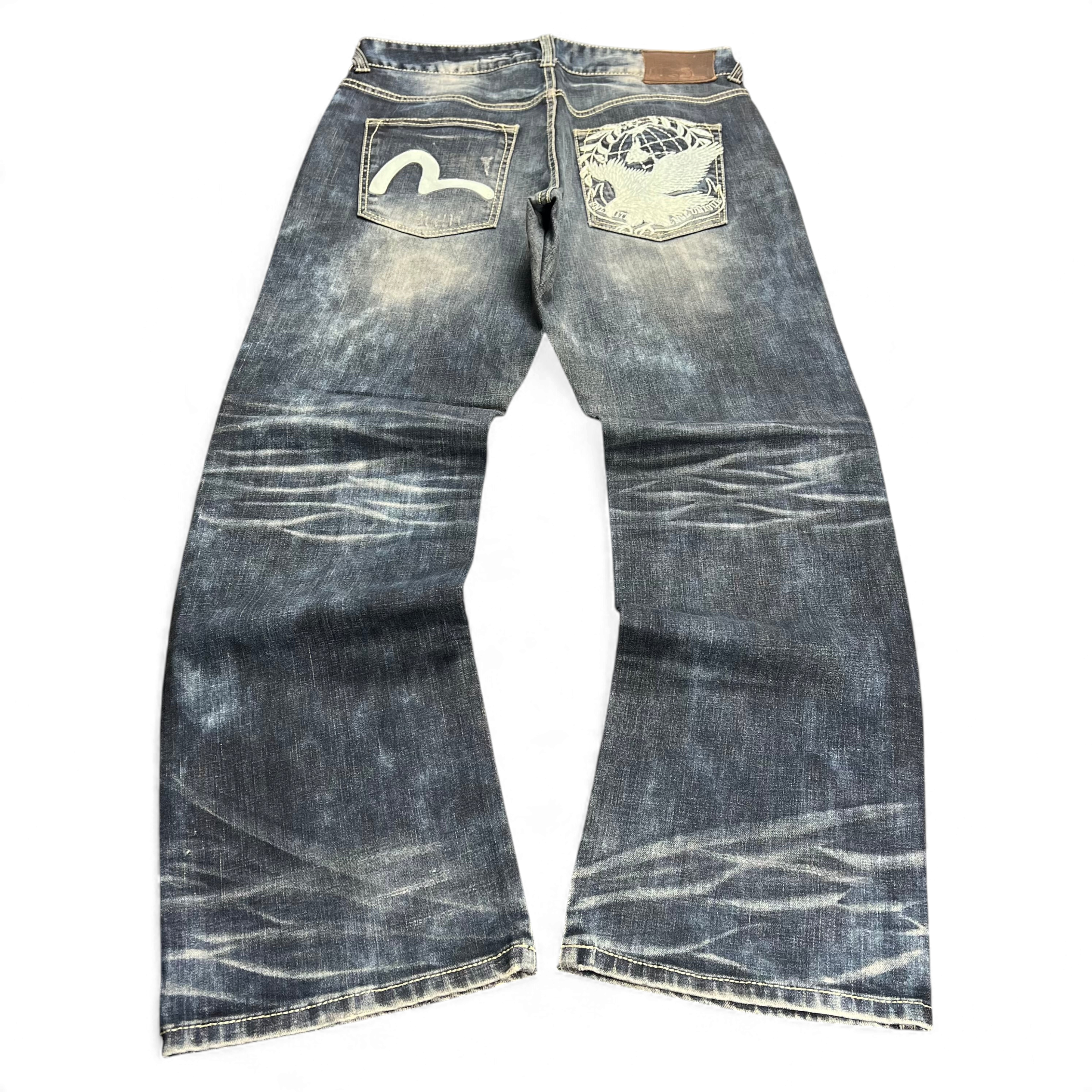 TWC Vintage Evisu KC Baggy Jeans in verwaschenem Dunkelblau mit ikonischem Seagull-Print und Grafik-Gesäßtasche