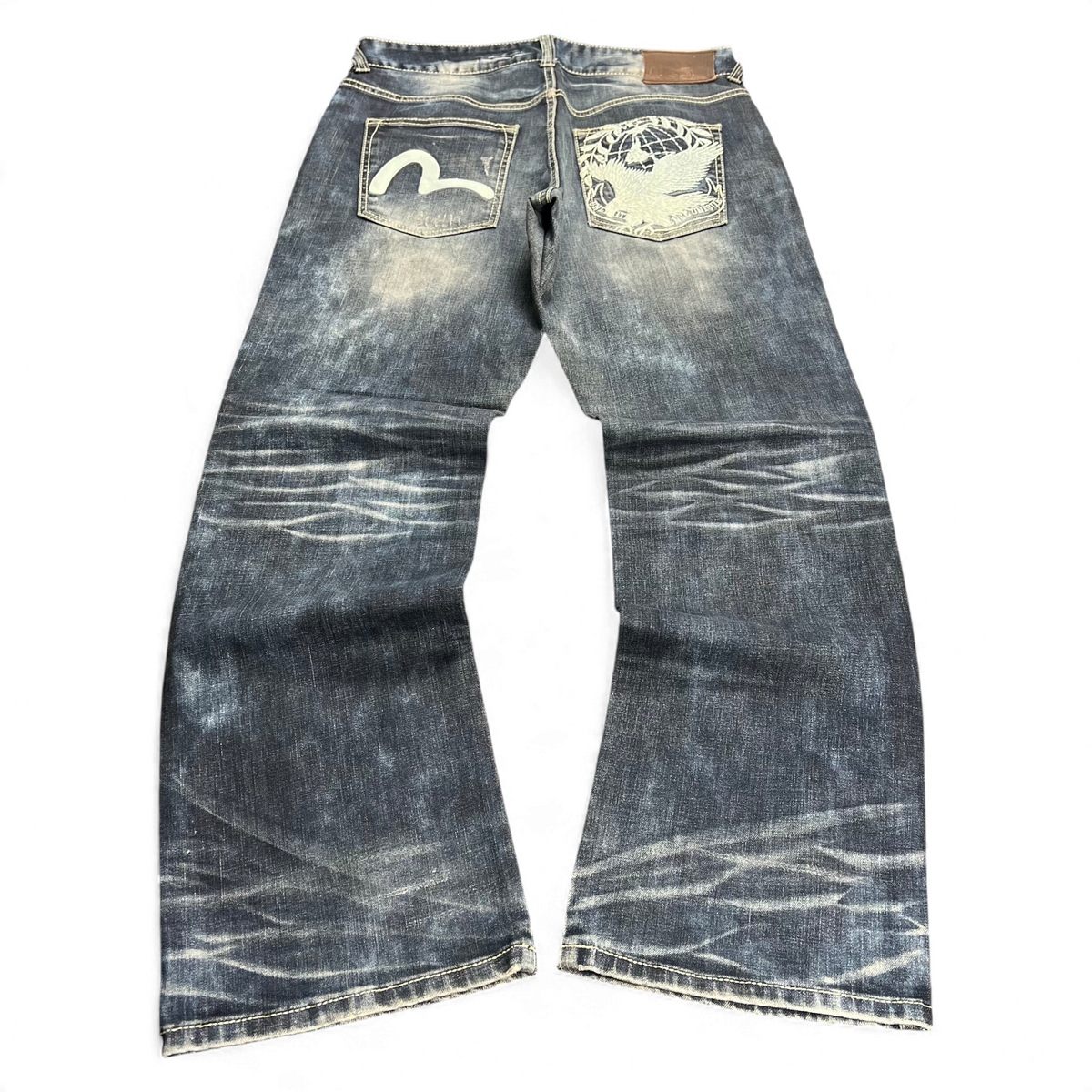 TWC Vintage Evisu KC Baggy Jeans in verwaschenem Dunkelblau mit ikonischem Seagull-Print und Grafik-Gesäßtasche